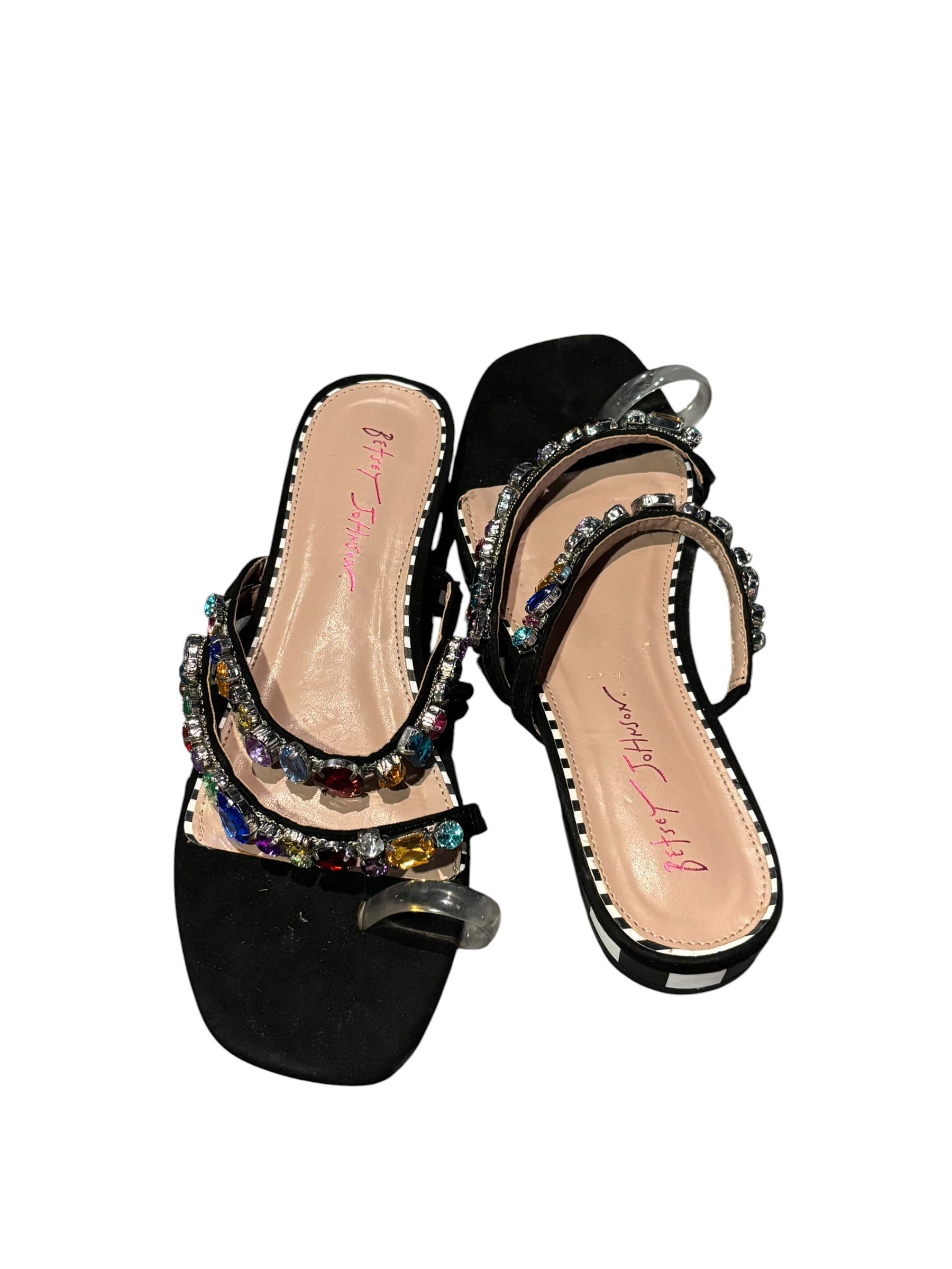 Black white multi betsey johnson Strappy Gem Flats, 9