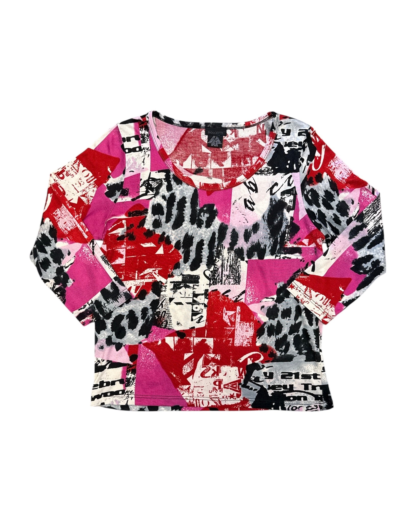 pink black red white dolcetti animal print funky top, L