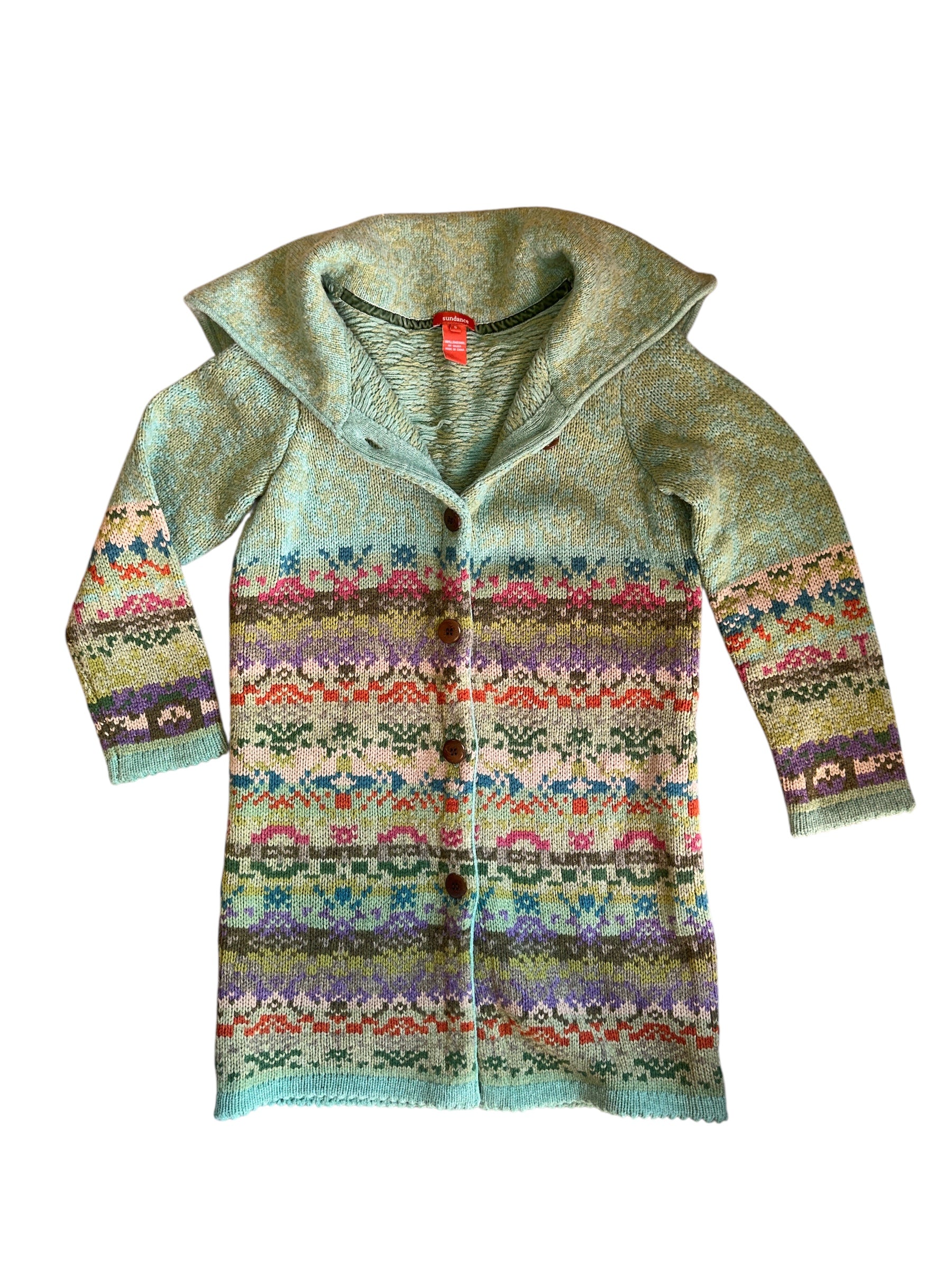green sundance button down patterned cardigan, s