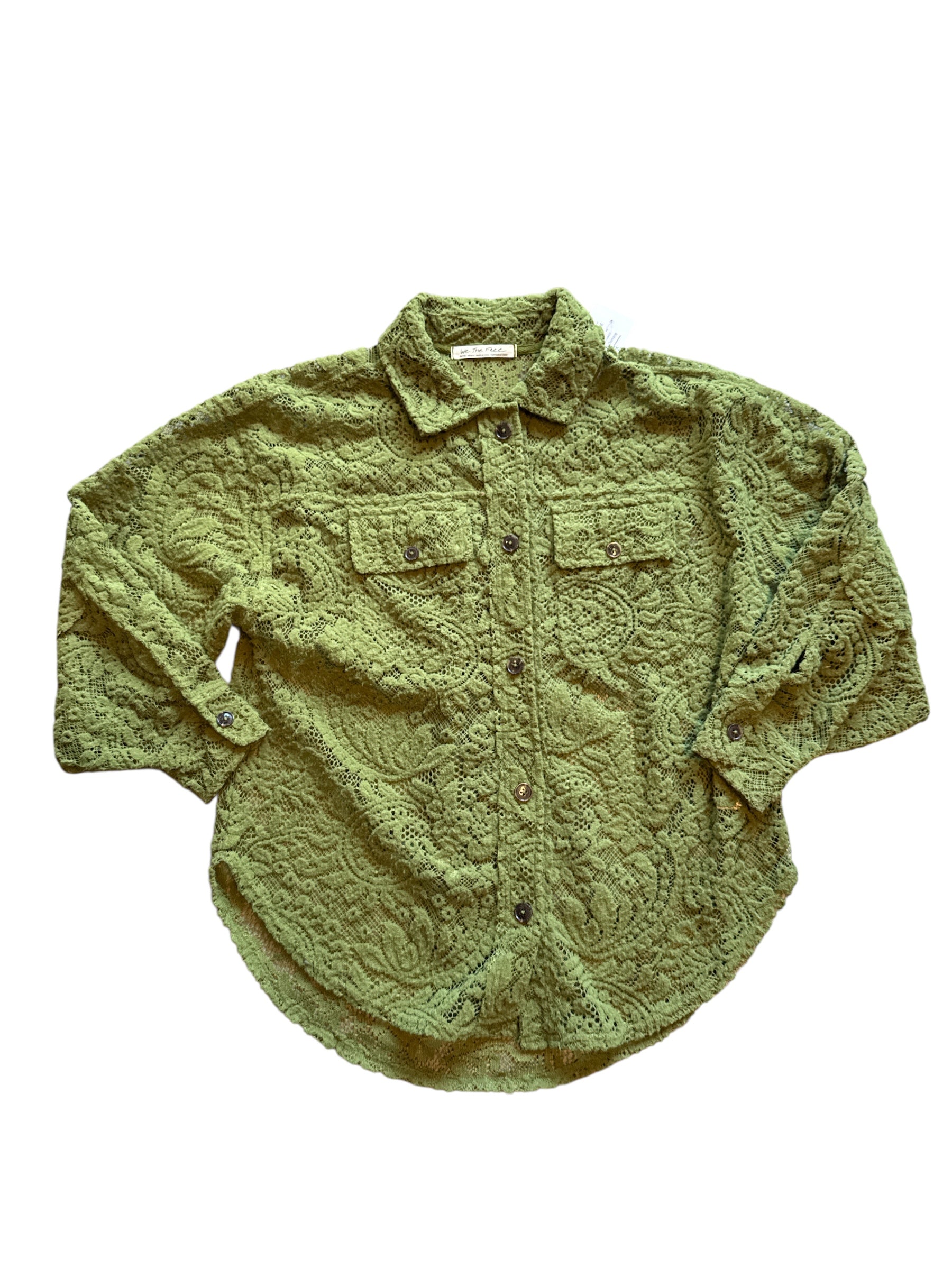 green free people crochet button down top, xs