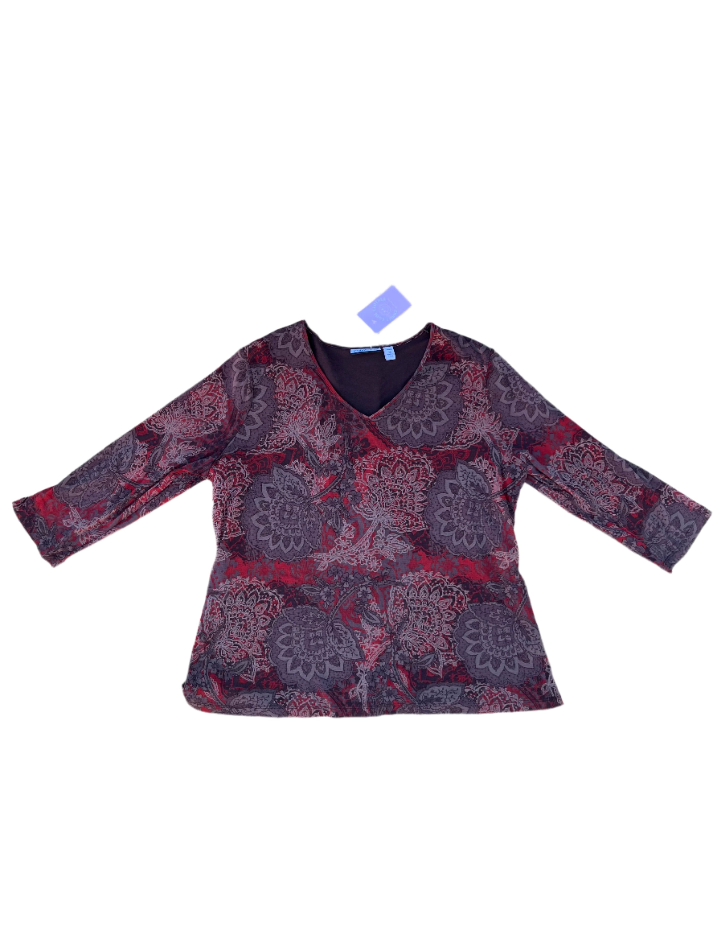 red brown croft and barrow pattern vneck long sleeve, 1X