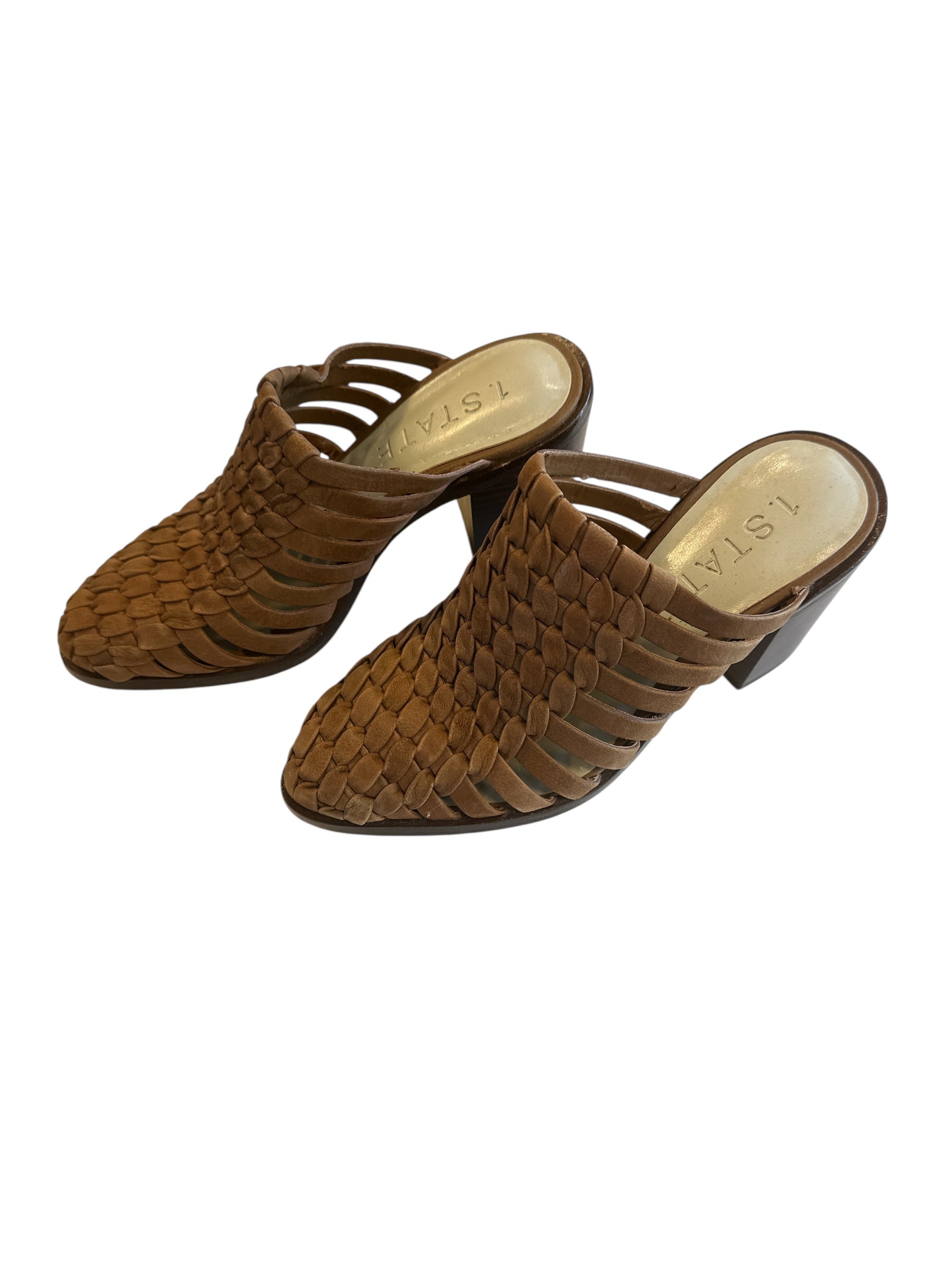 Brown 1 state Woven leather mules, 5.5