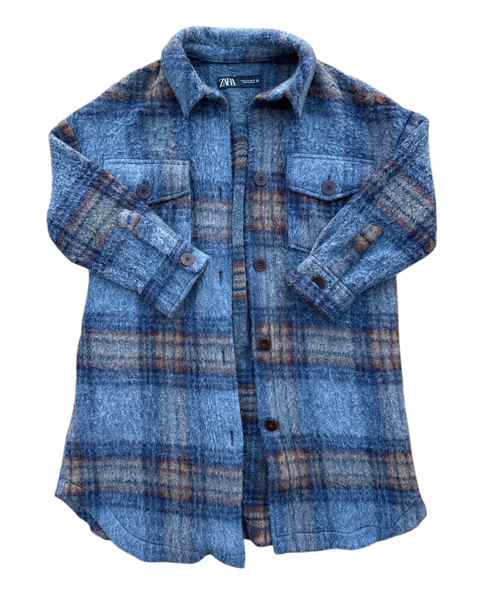 blue brown zara plaid long shacket, m