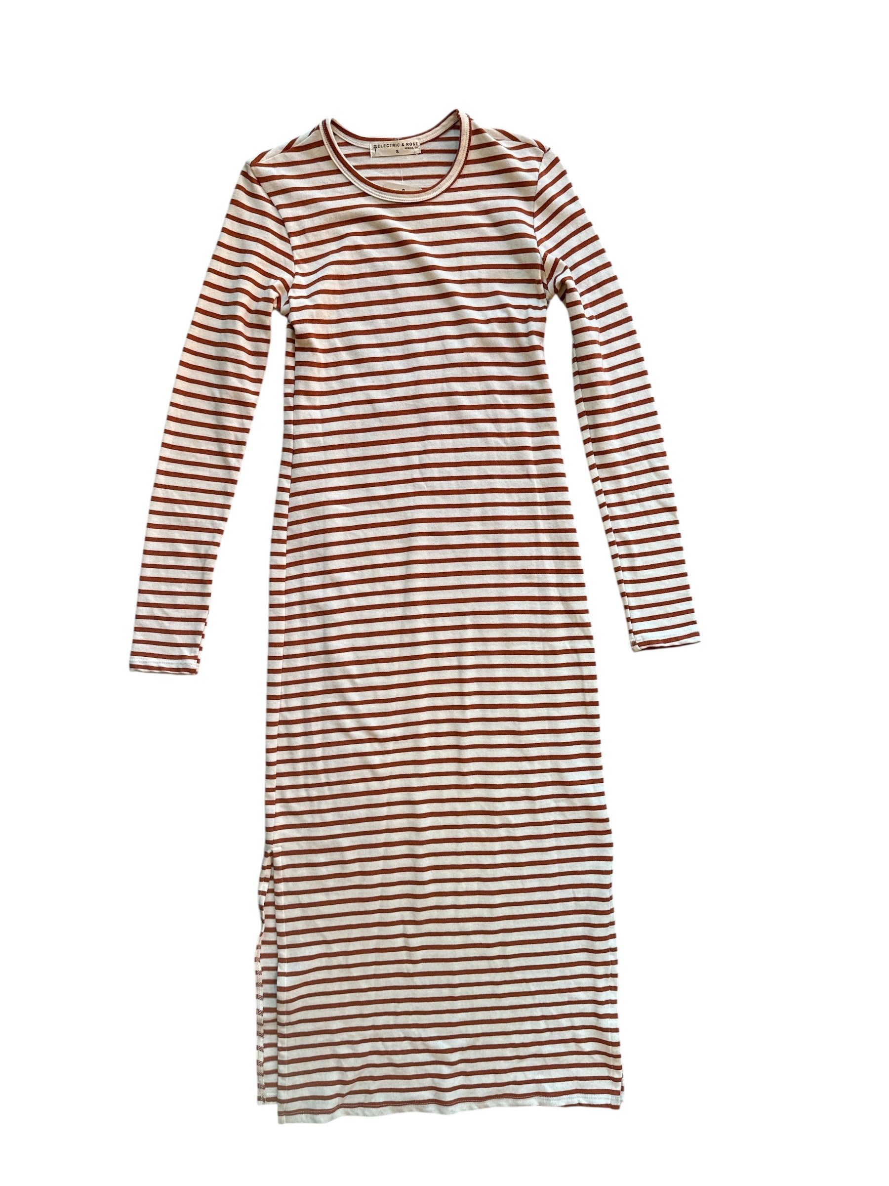 Rust white Electric rose Striped midi dress, S