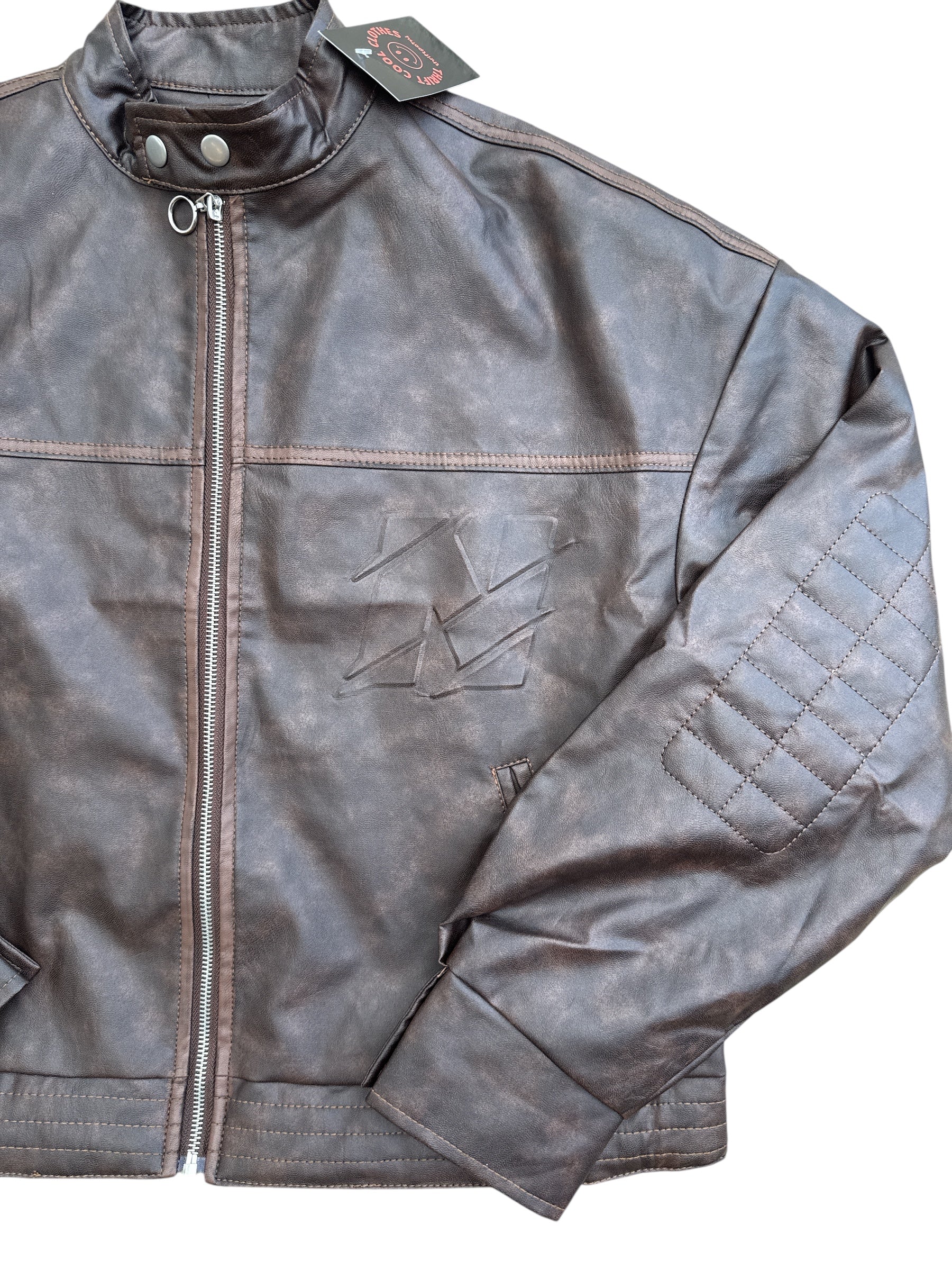 brown fashion nova pleather moto jacket, m