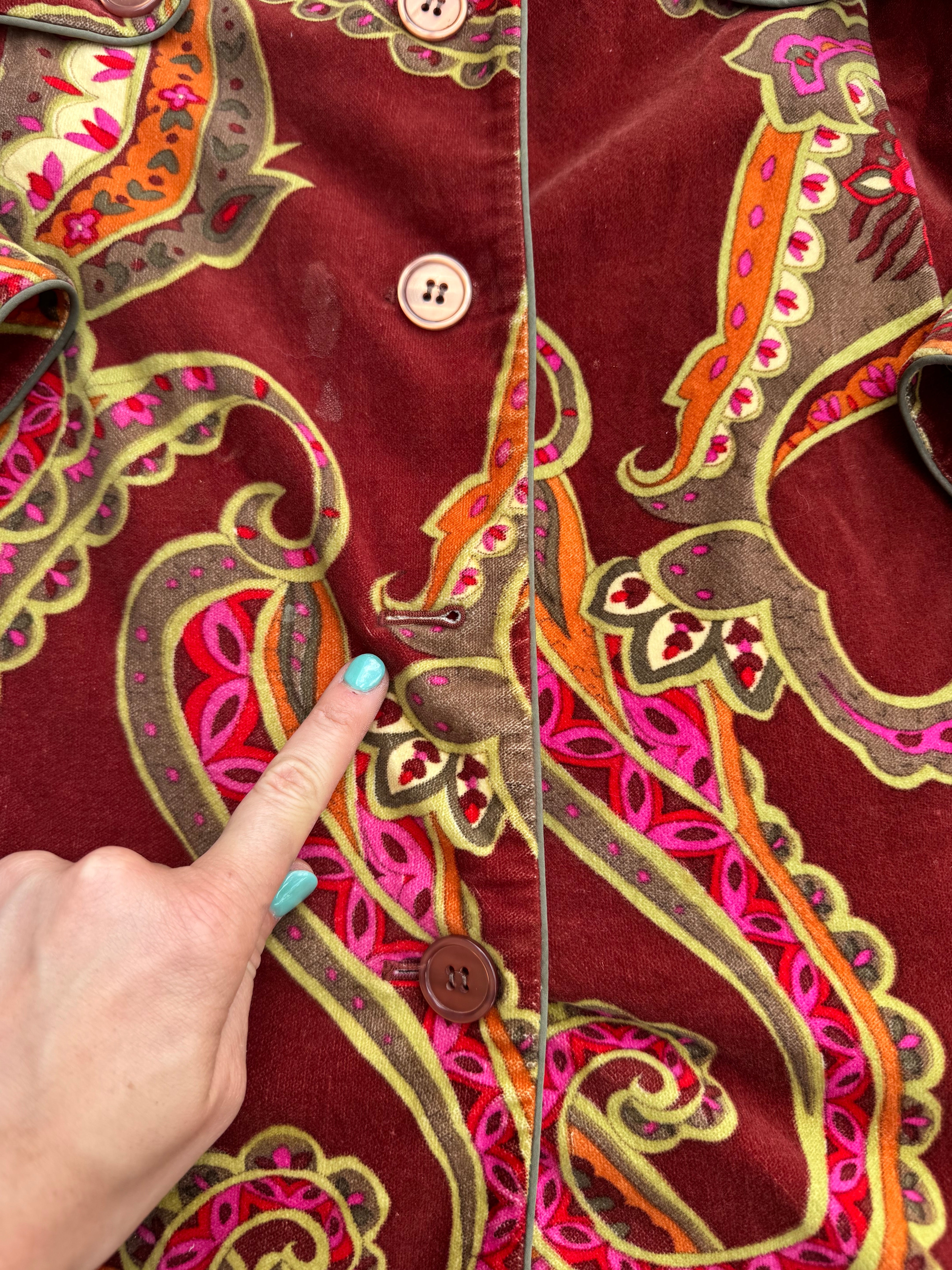red itw paisley velvet jacket, 10 (missing a button!)