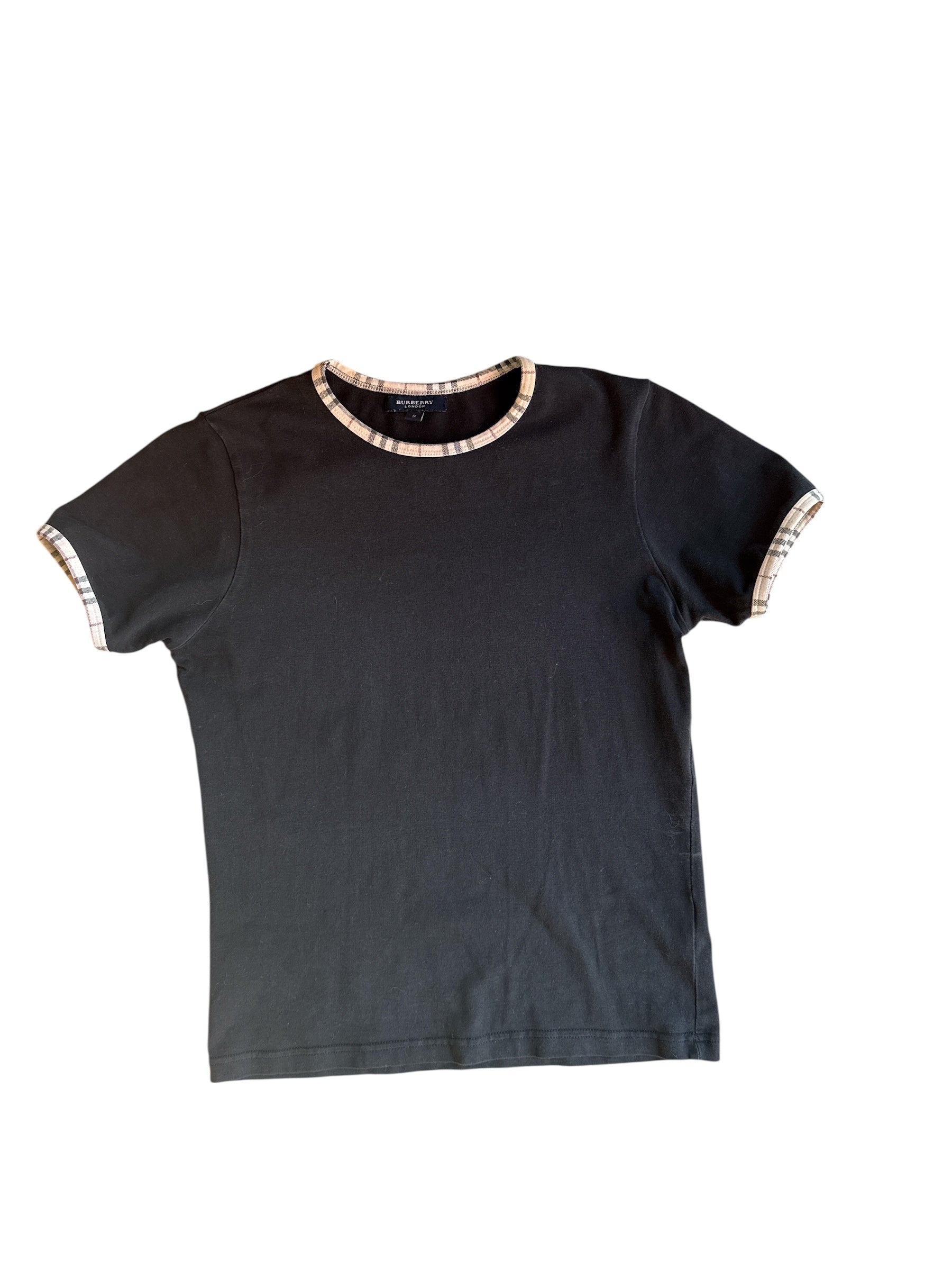 black burberry ss plaid trim top, s