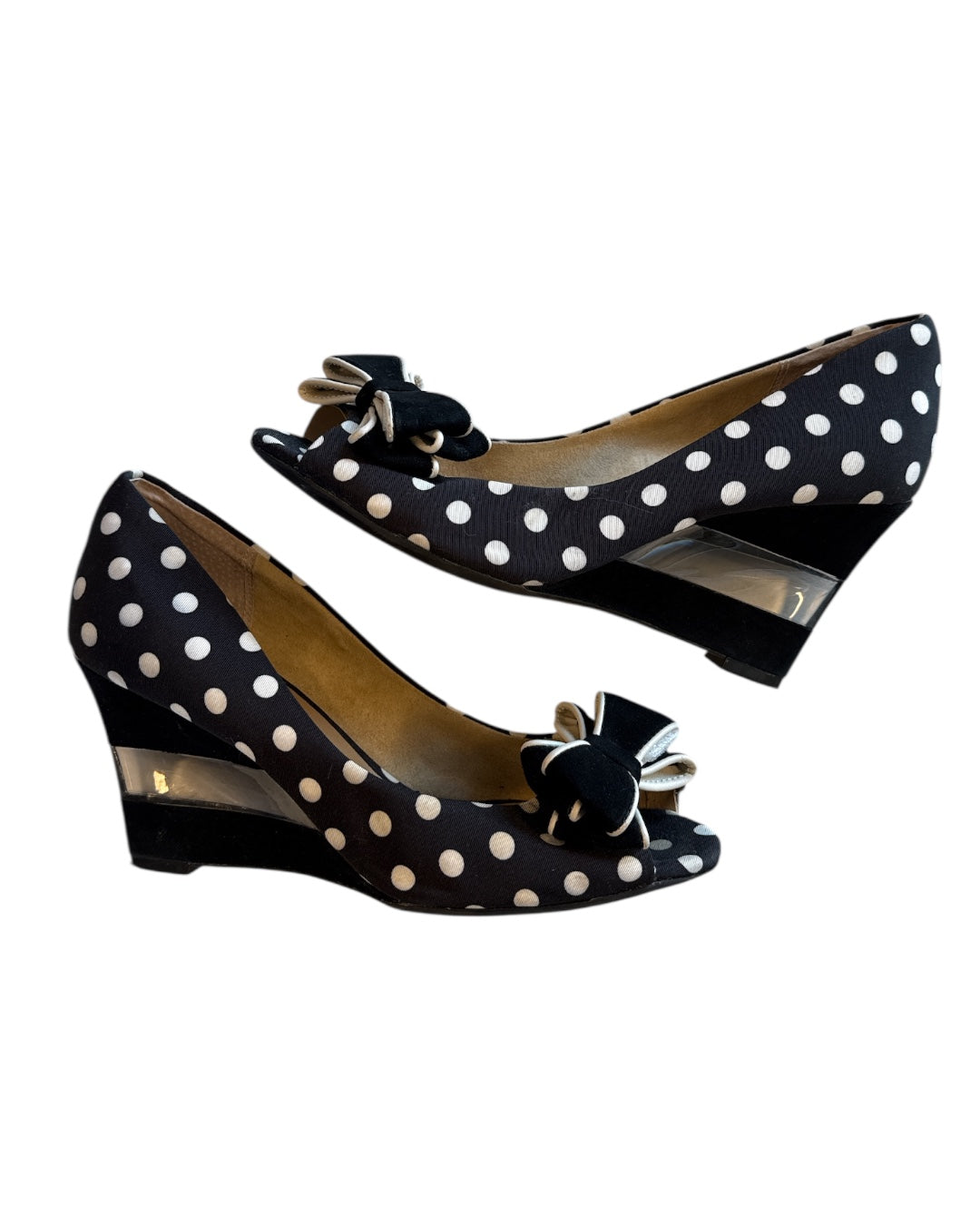 Black white Isaac mizrahi Polka dot bow wedges, 7.5