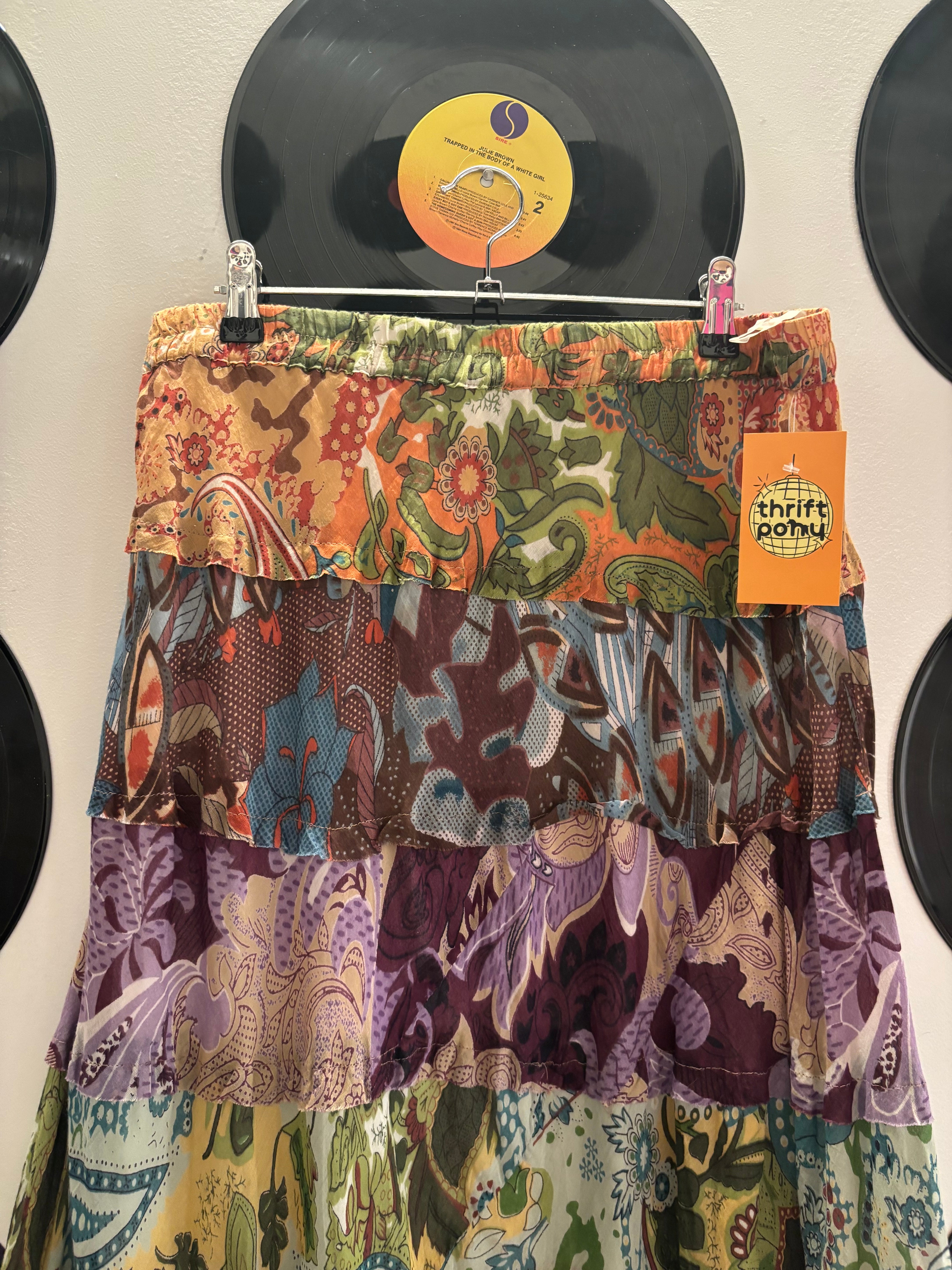 orange green new directions flroal tiered maxi skirt, L