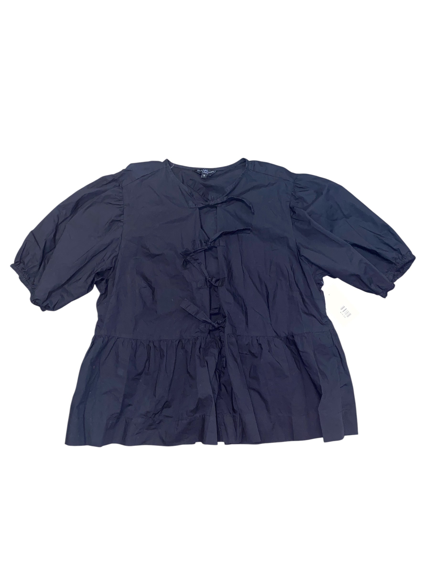 Black Velvet Hearts Tie front puff sleeve ss button up, 1X