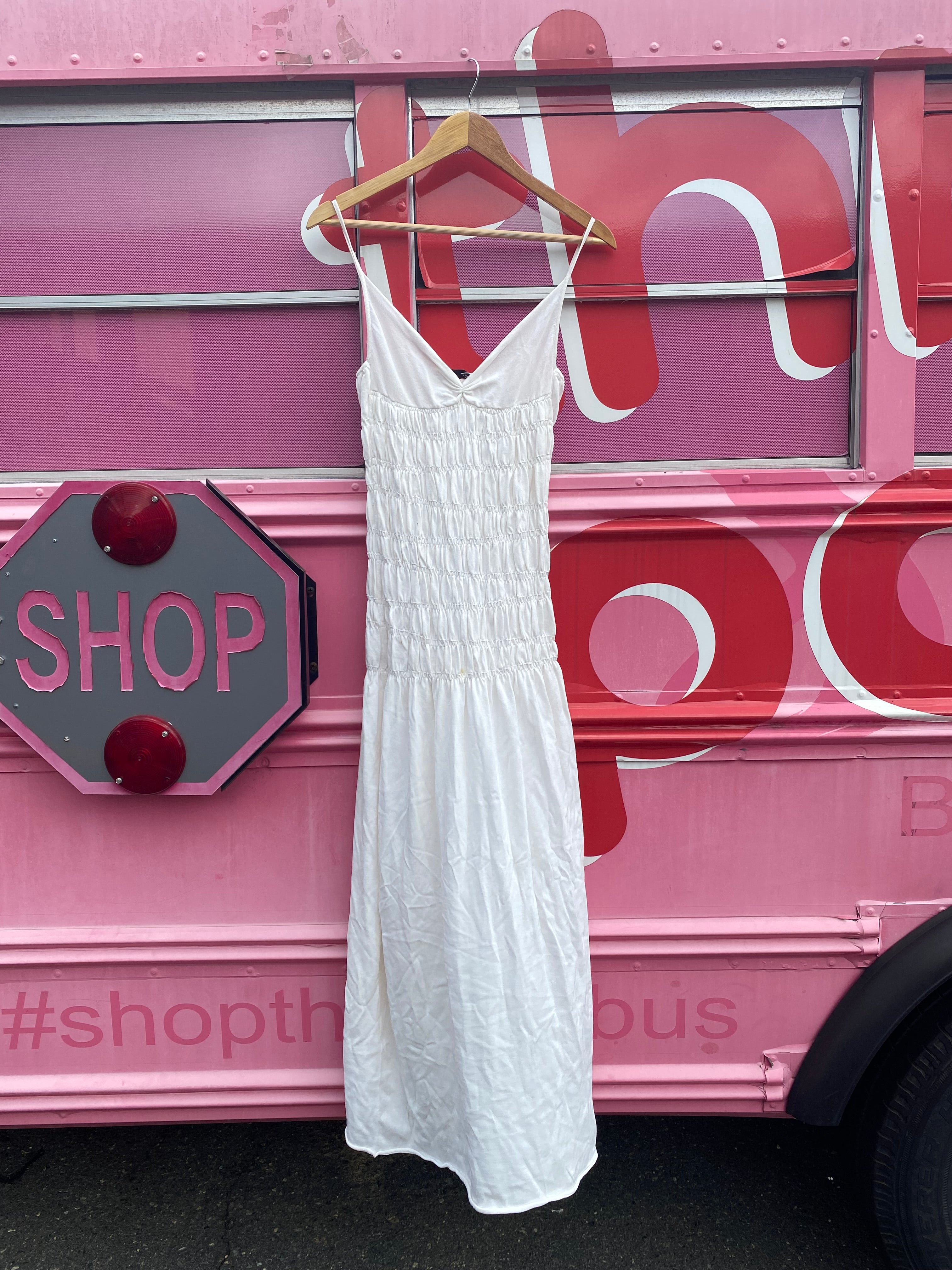 white zara scrunch drop waist dress, s