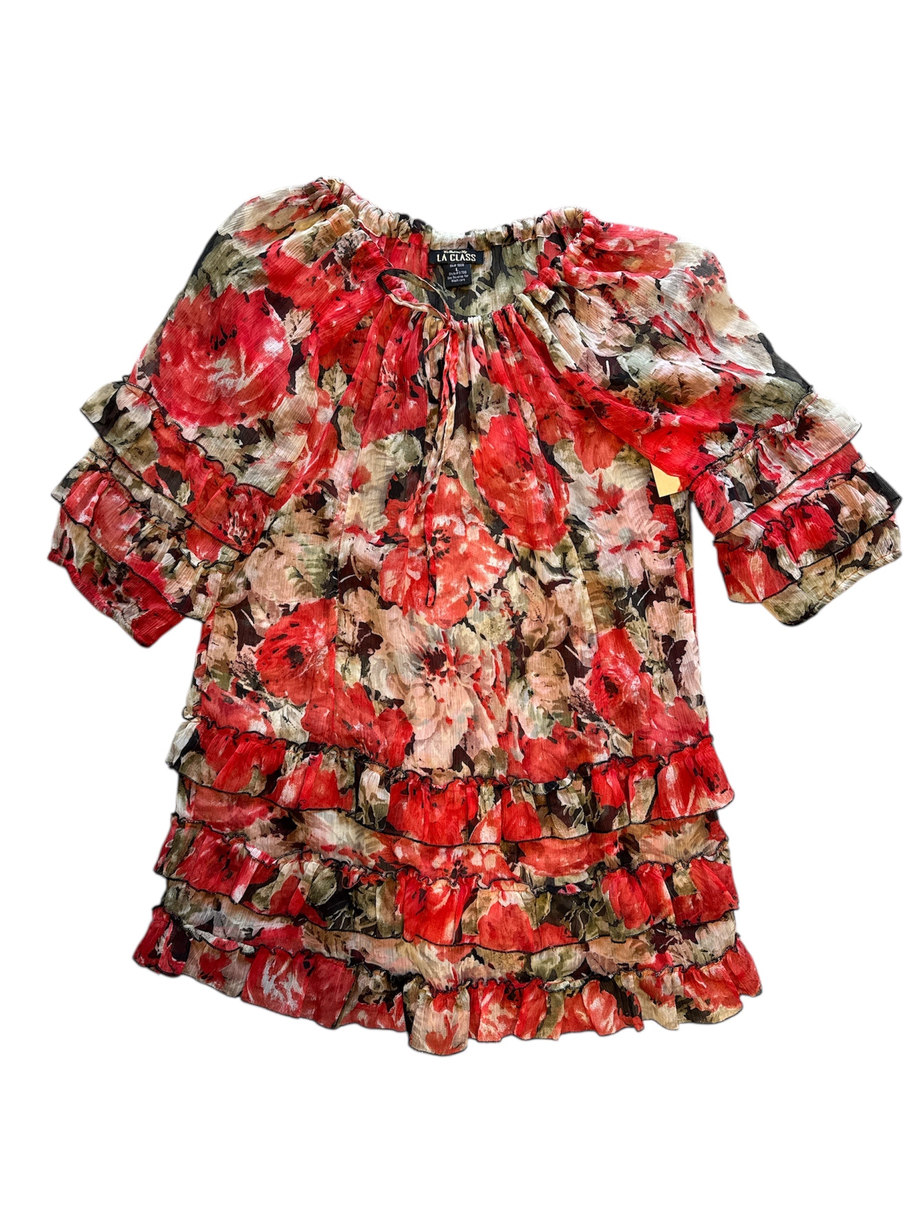 black red brown la class sheer floral ruffle dress, L