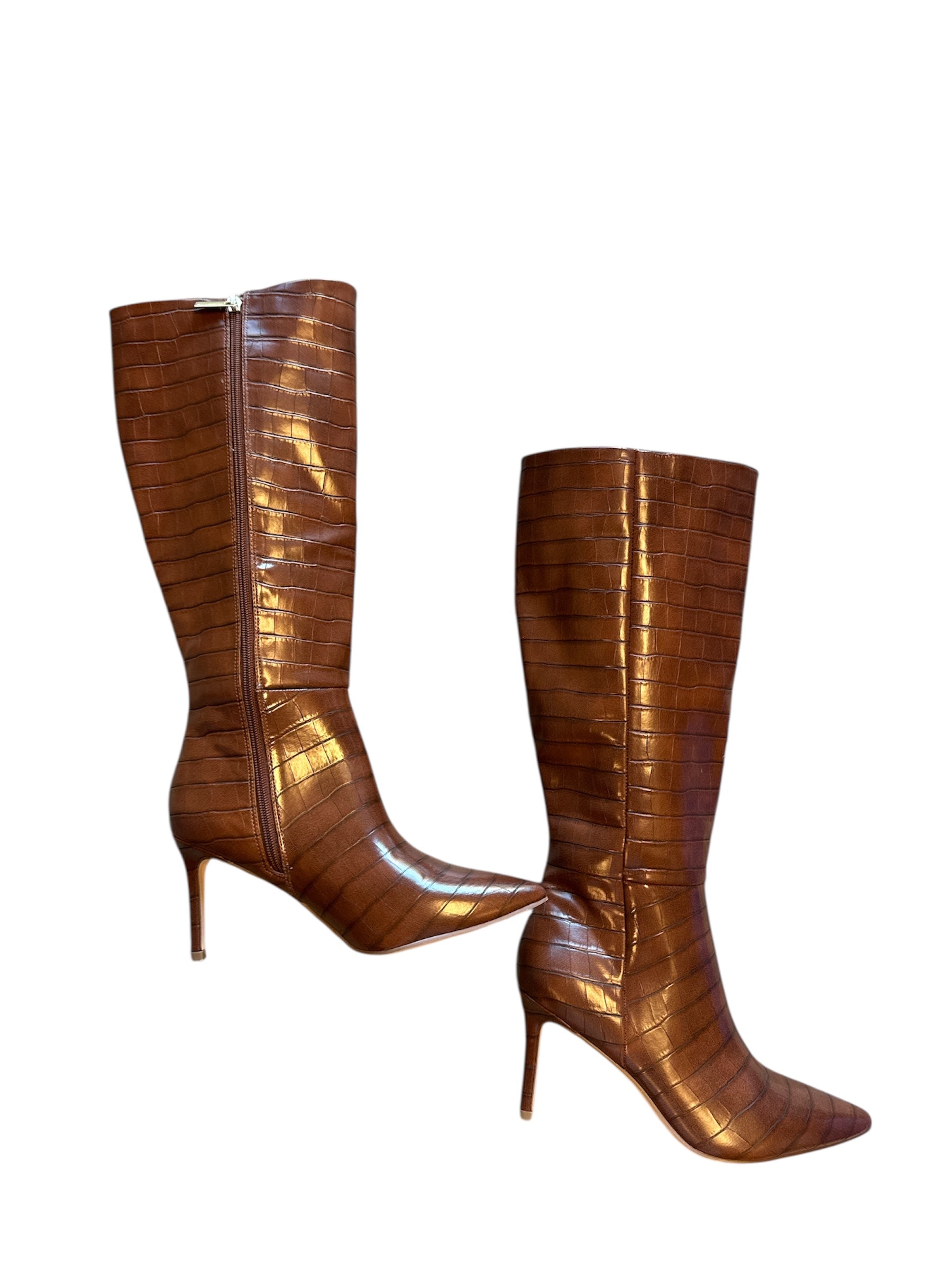 Brown  Pleather animal print knee high heels, 7.5