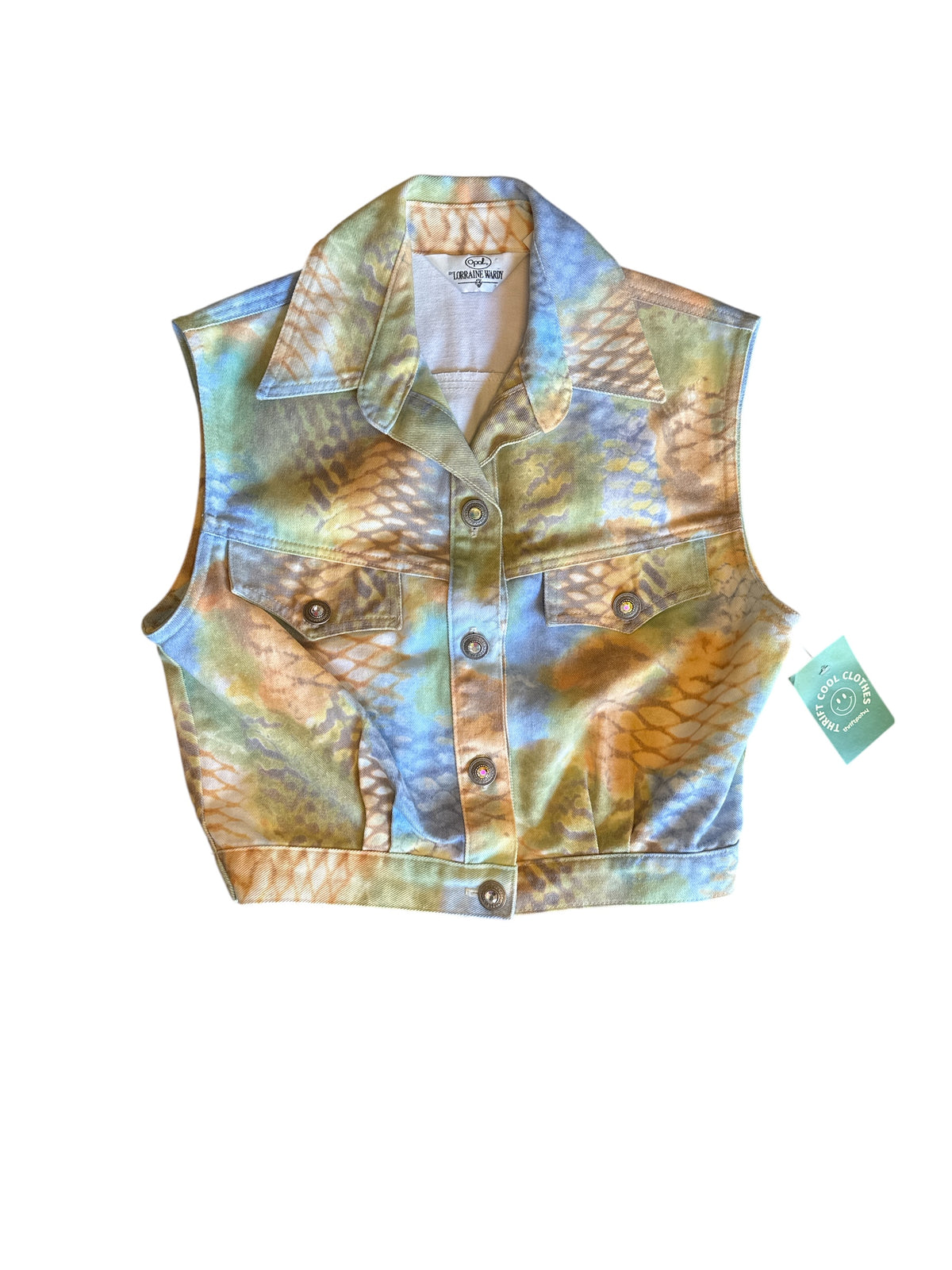yellow blue green opal by lorraine wardy vtg snakeprint denim vest, XS