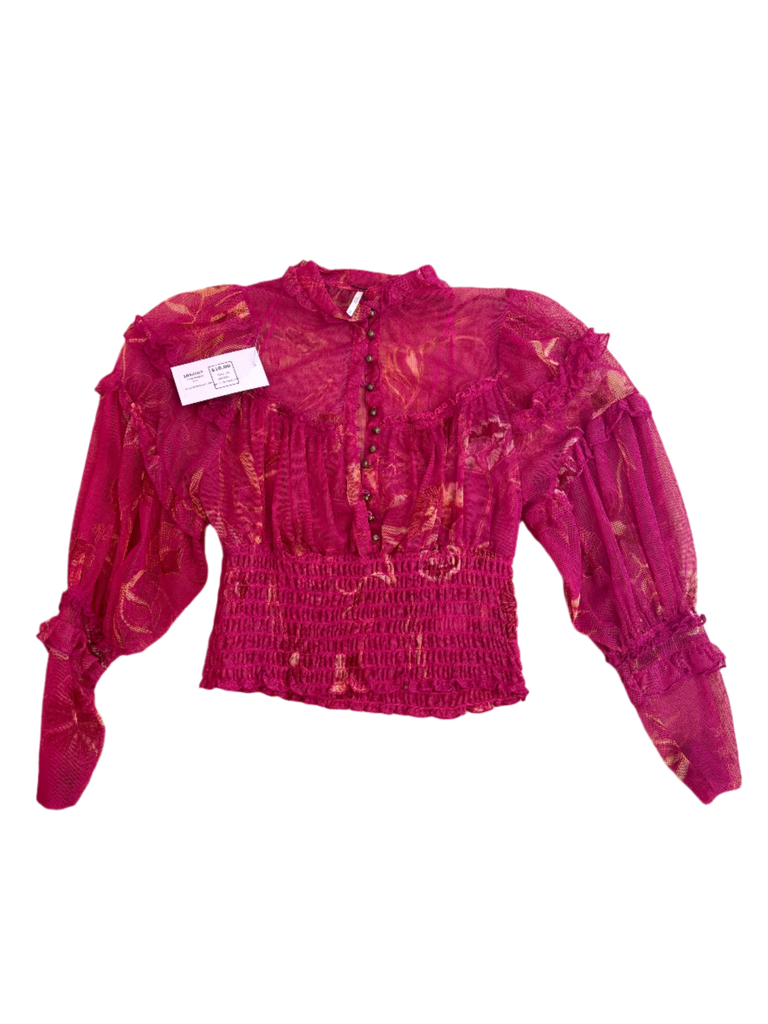 pink Free People sheer/smocked top, xs