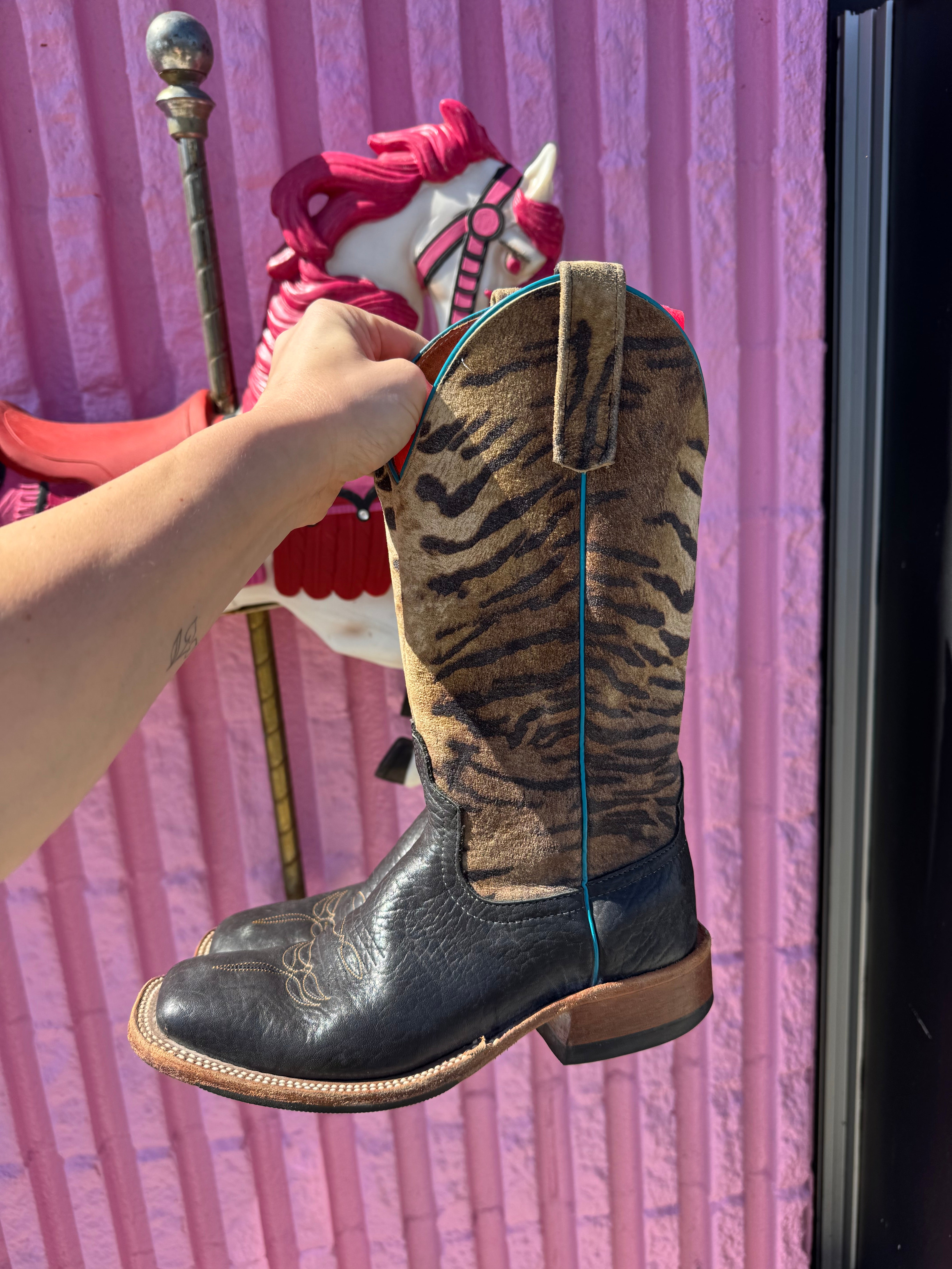 black tan anderson bean square toe tiger cowboy boot, 7 fits like 7.5