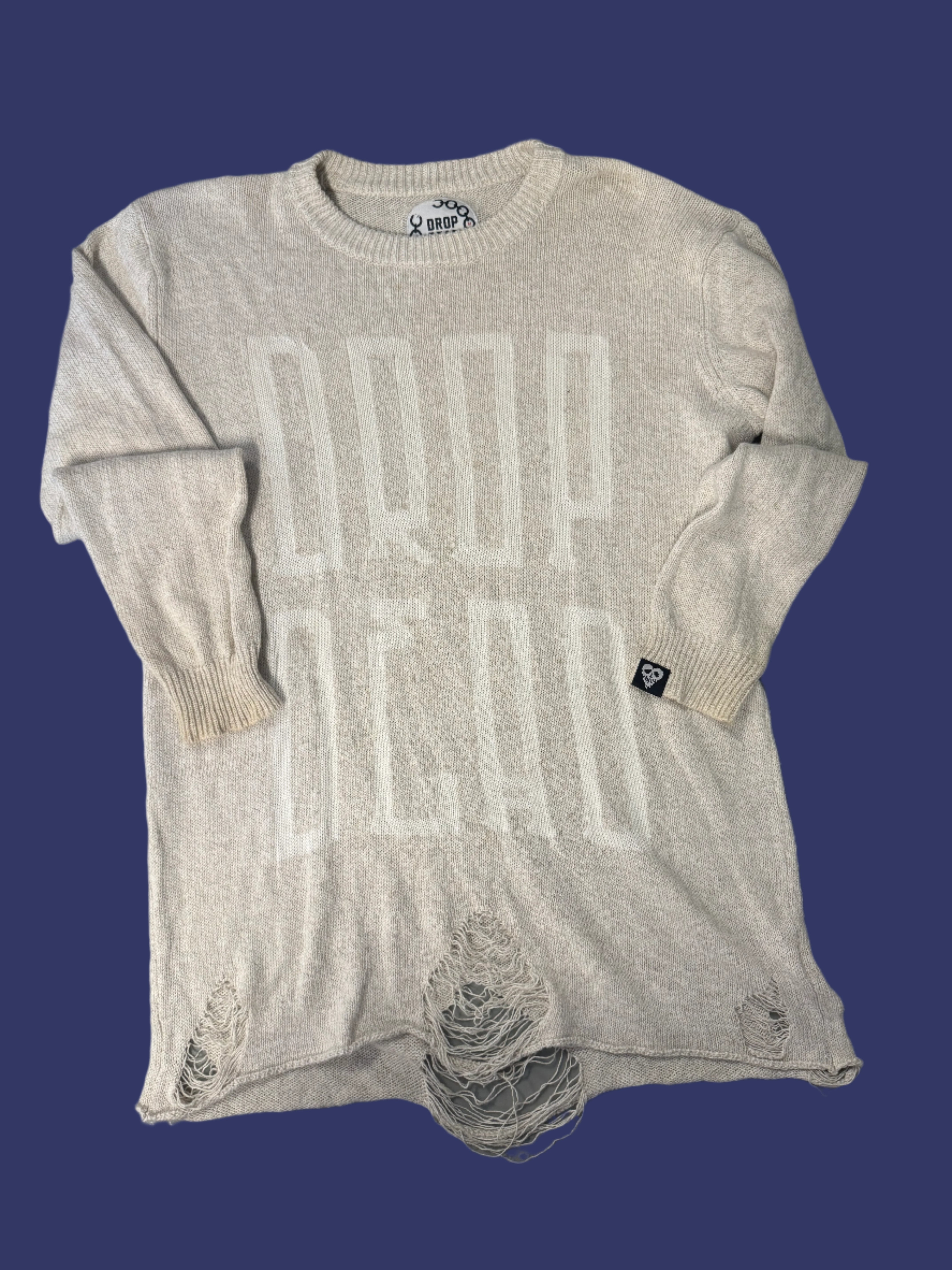 beige drop dead distressed drop dead sweater, m