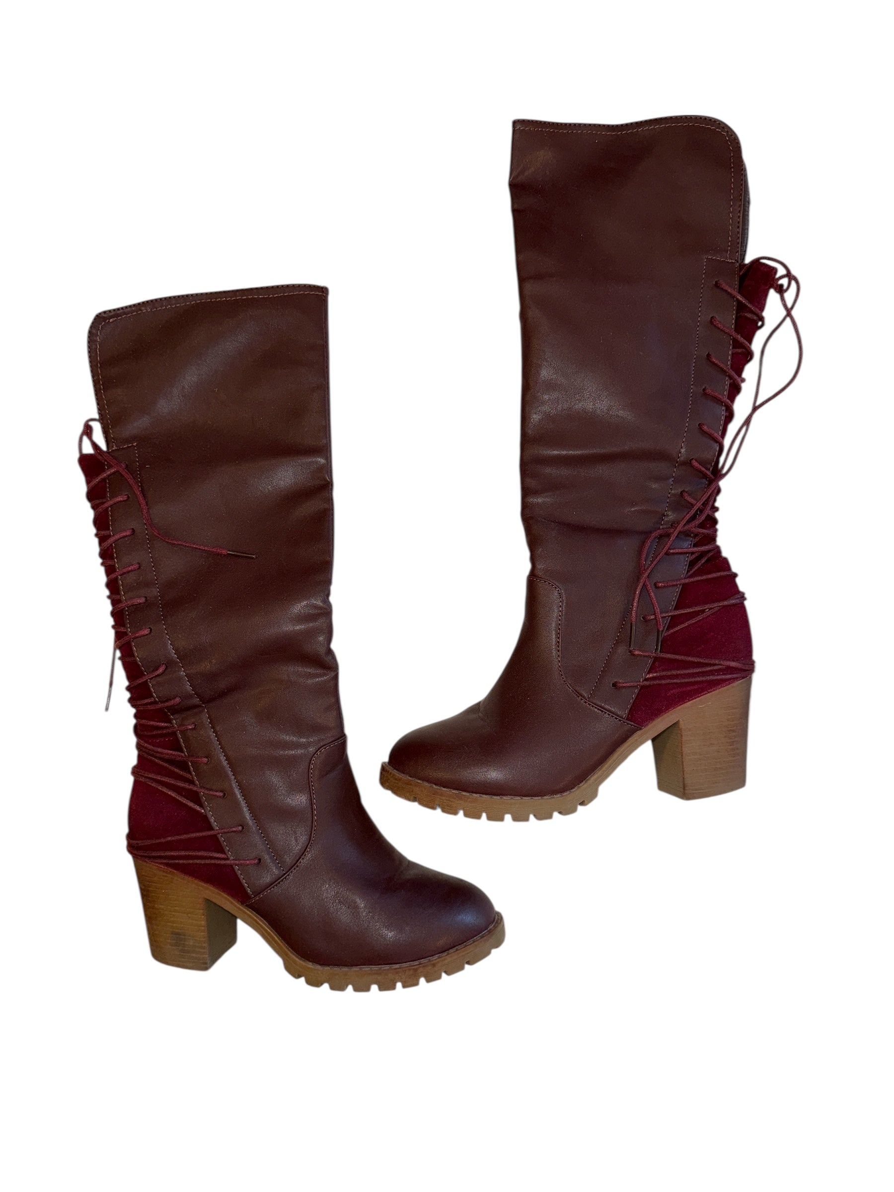 Brown red Bucco Boots w velvet and lace up, 7.5