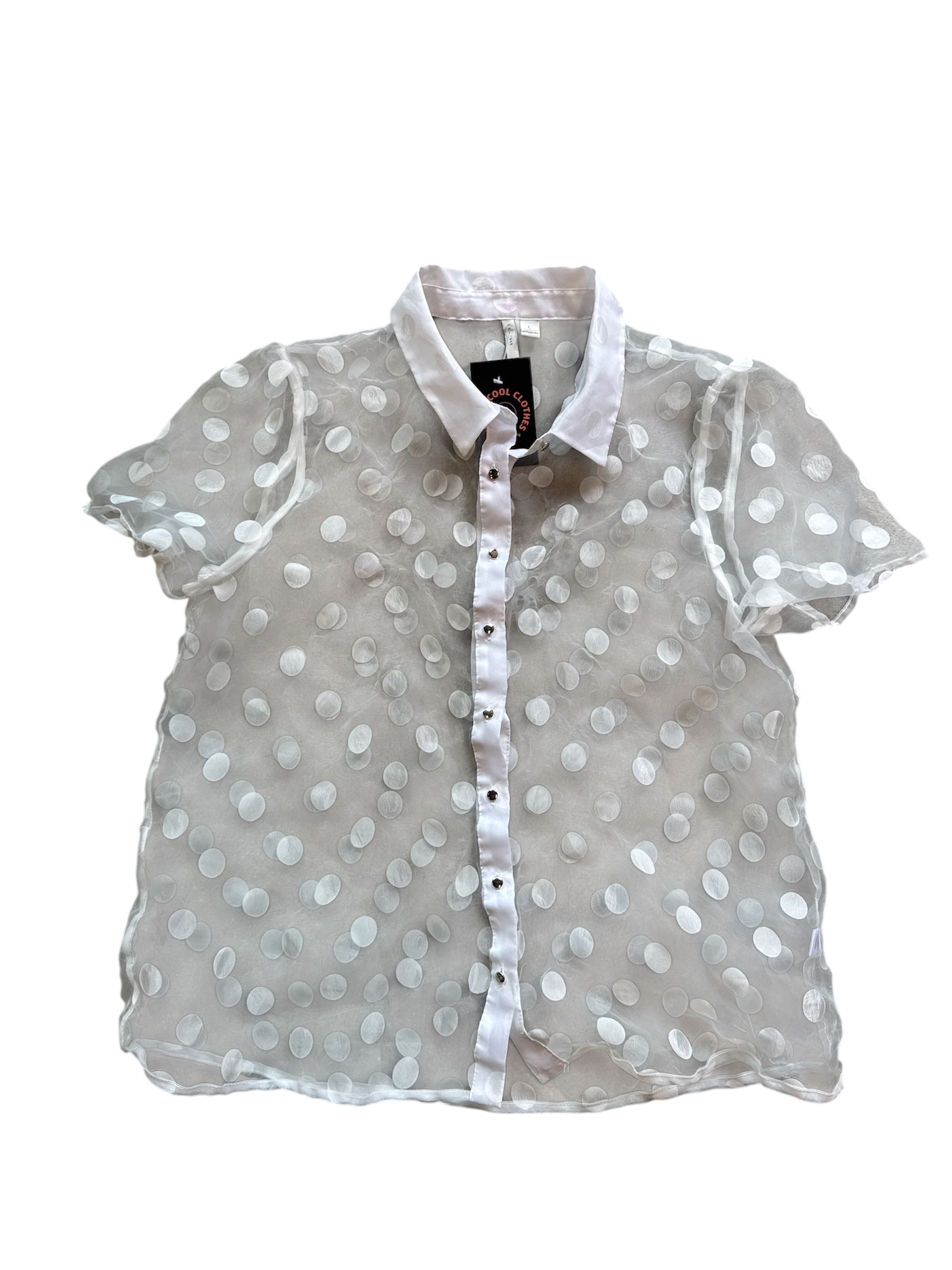 white cato sheer polka dot button up, L