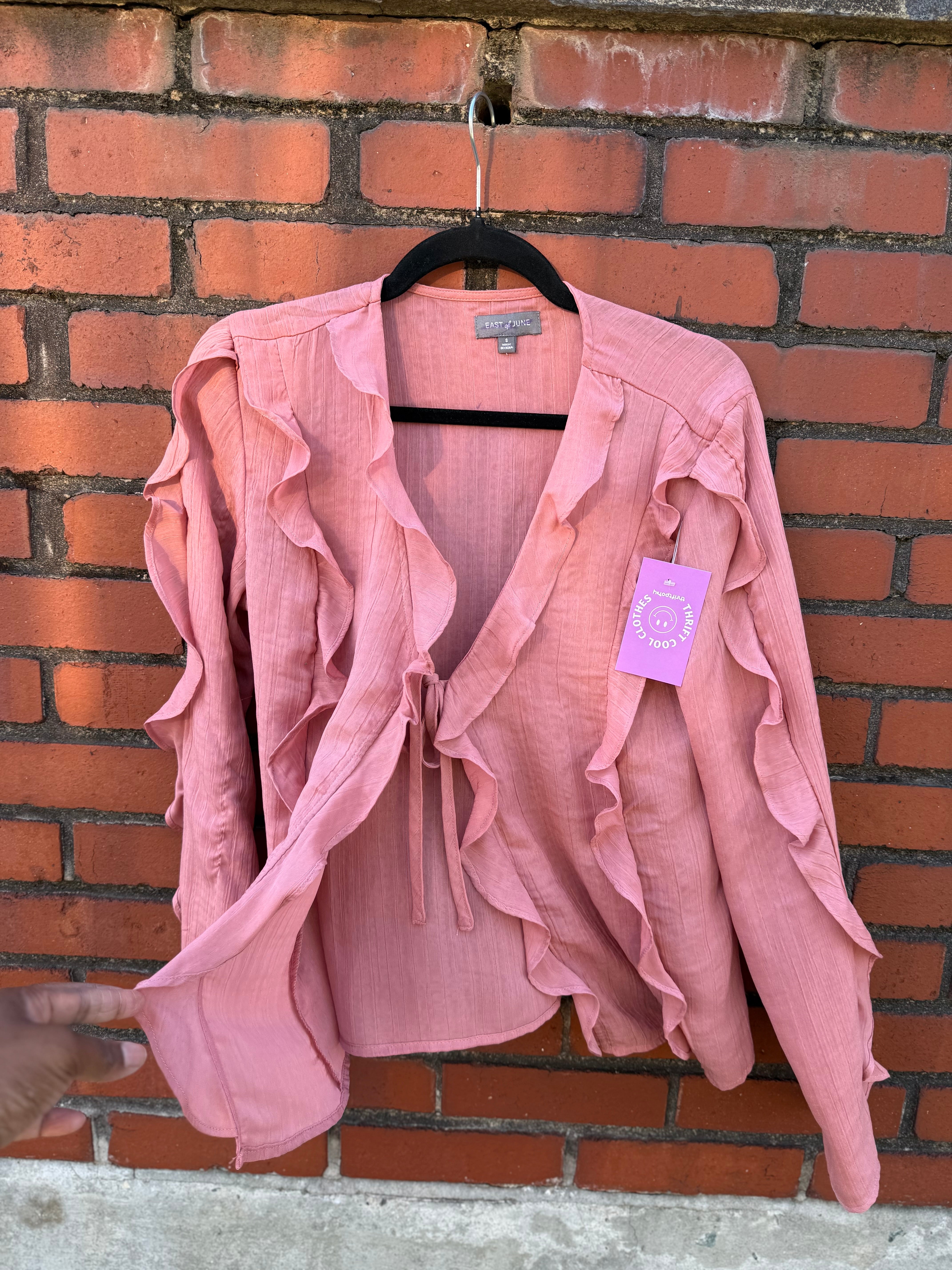 pink east of june ruffle tie front ls blouse, s