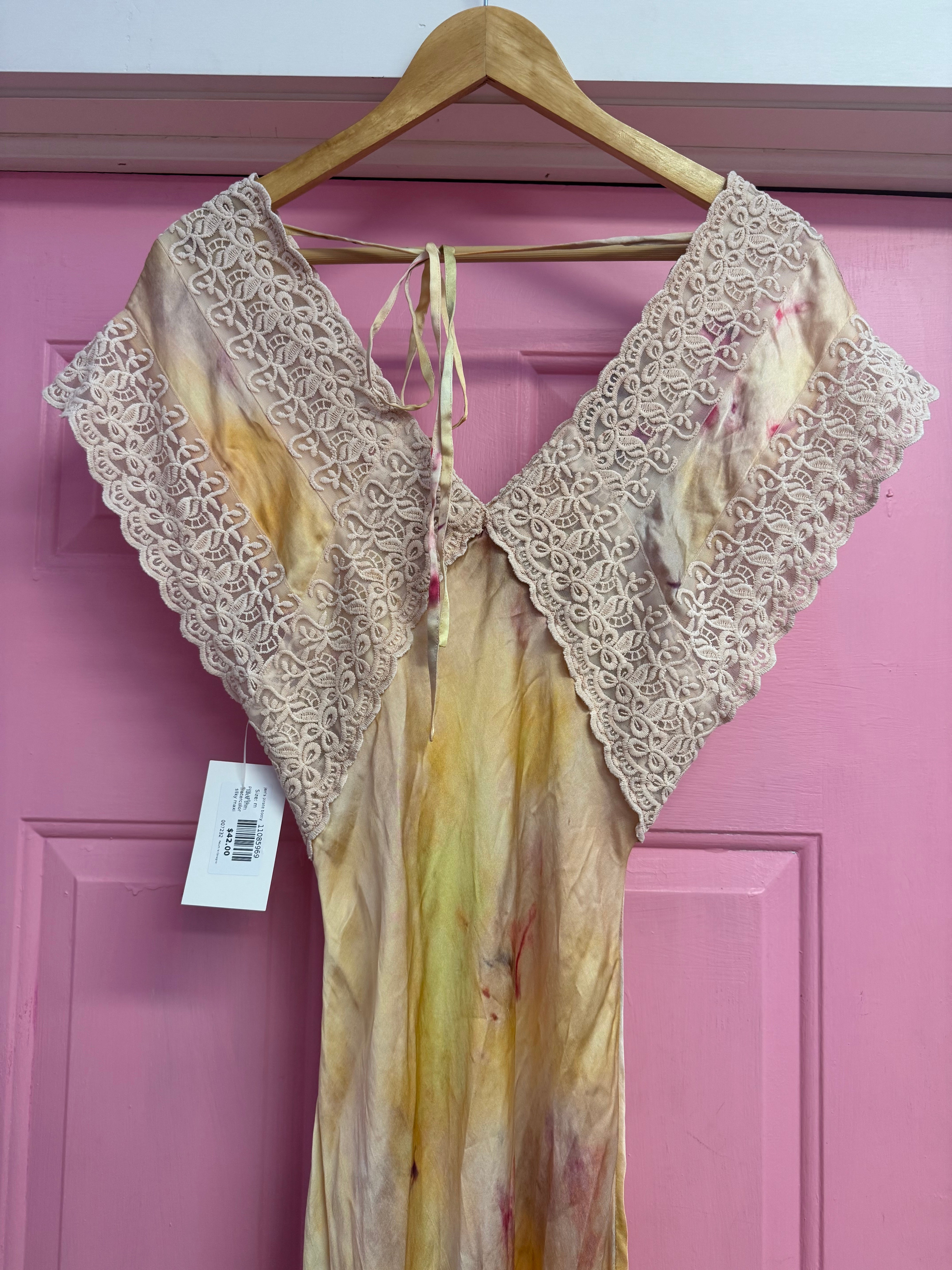 pink yellow jen's pirate booty lace trim watercolor silky maxi dress, m
