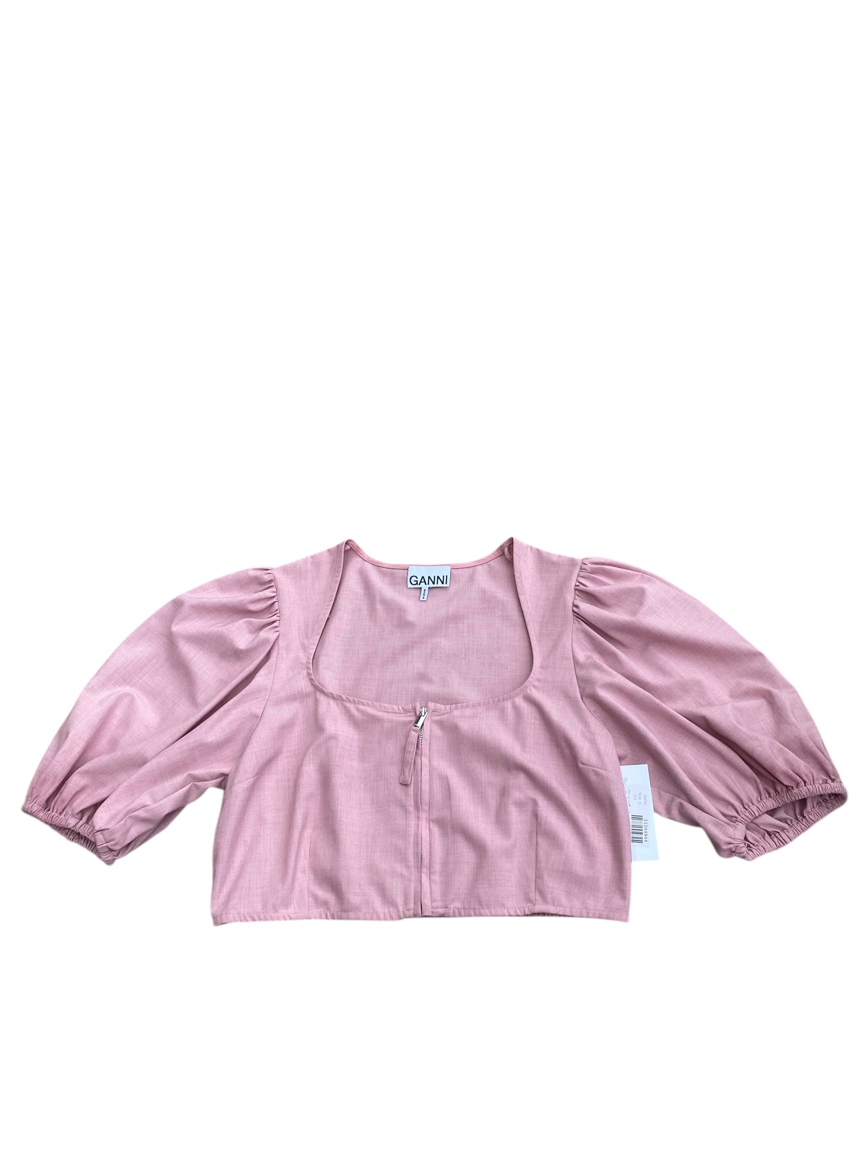 Pink Ganni Zip up puff sleeve top, S