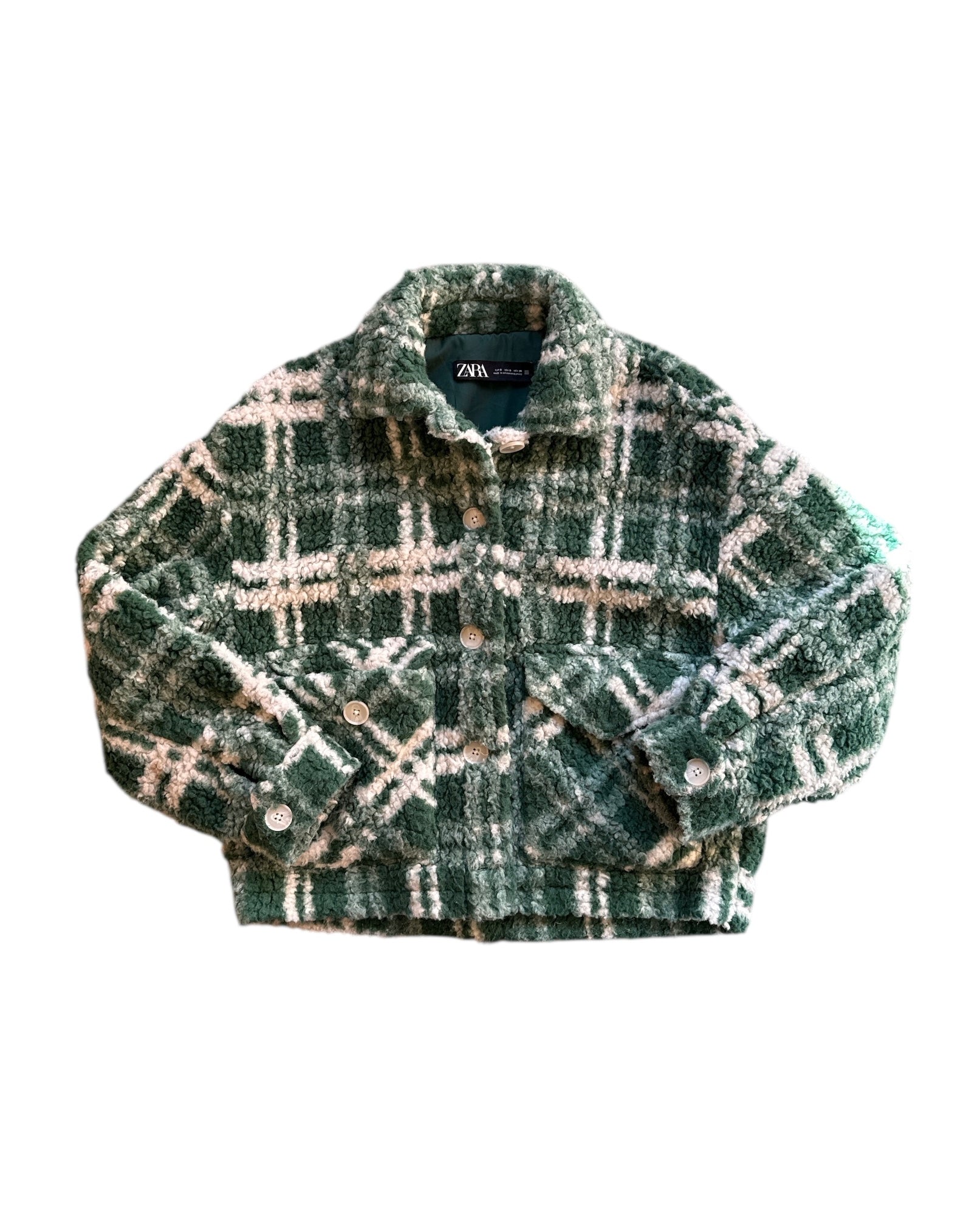 green white zara plaid teddy jacket, s