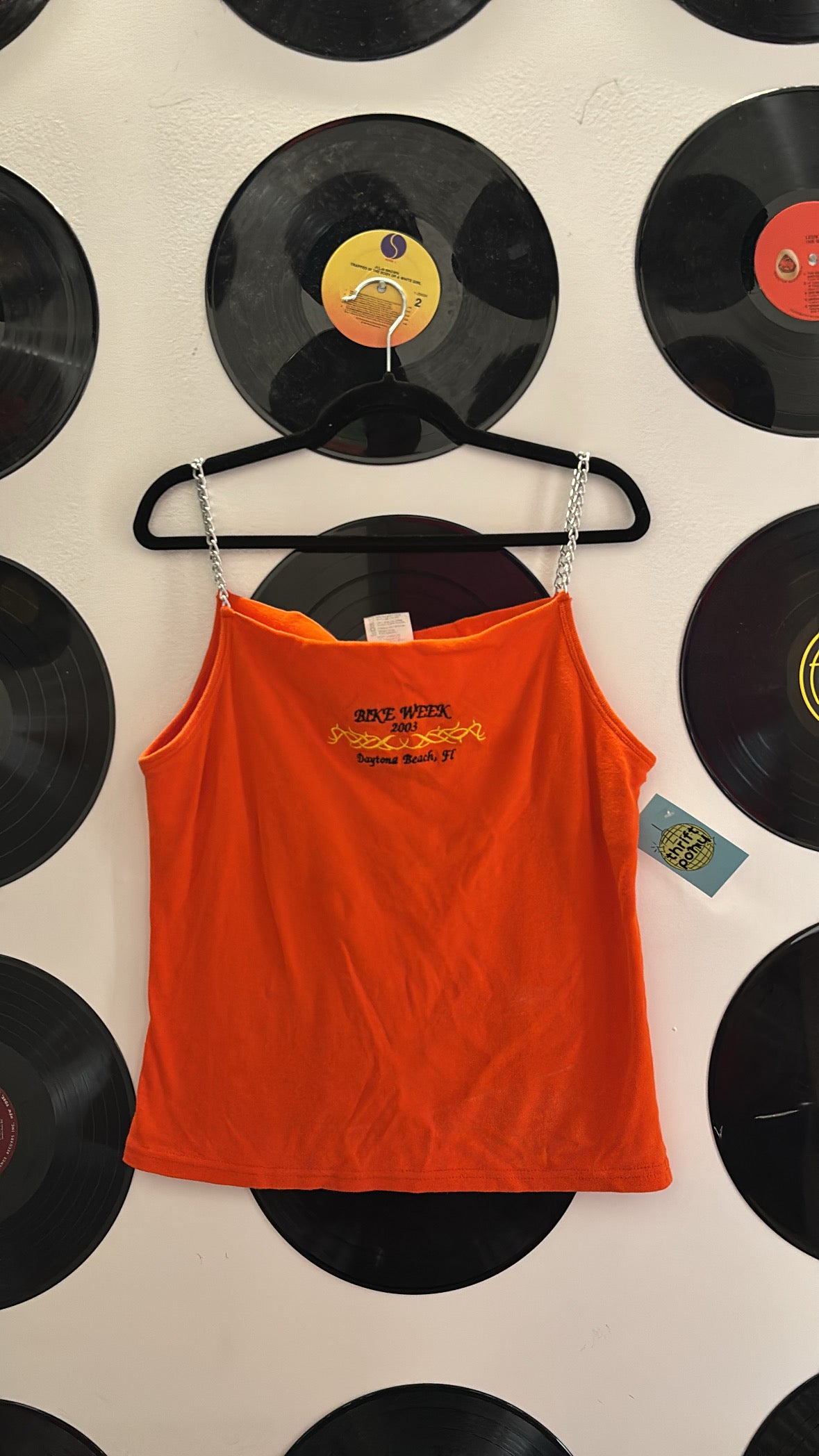 orange biker design chain strap vtg bike week tank, L