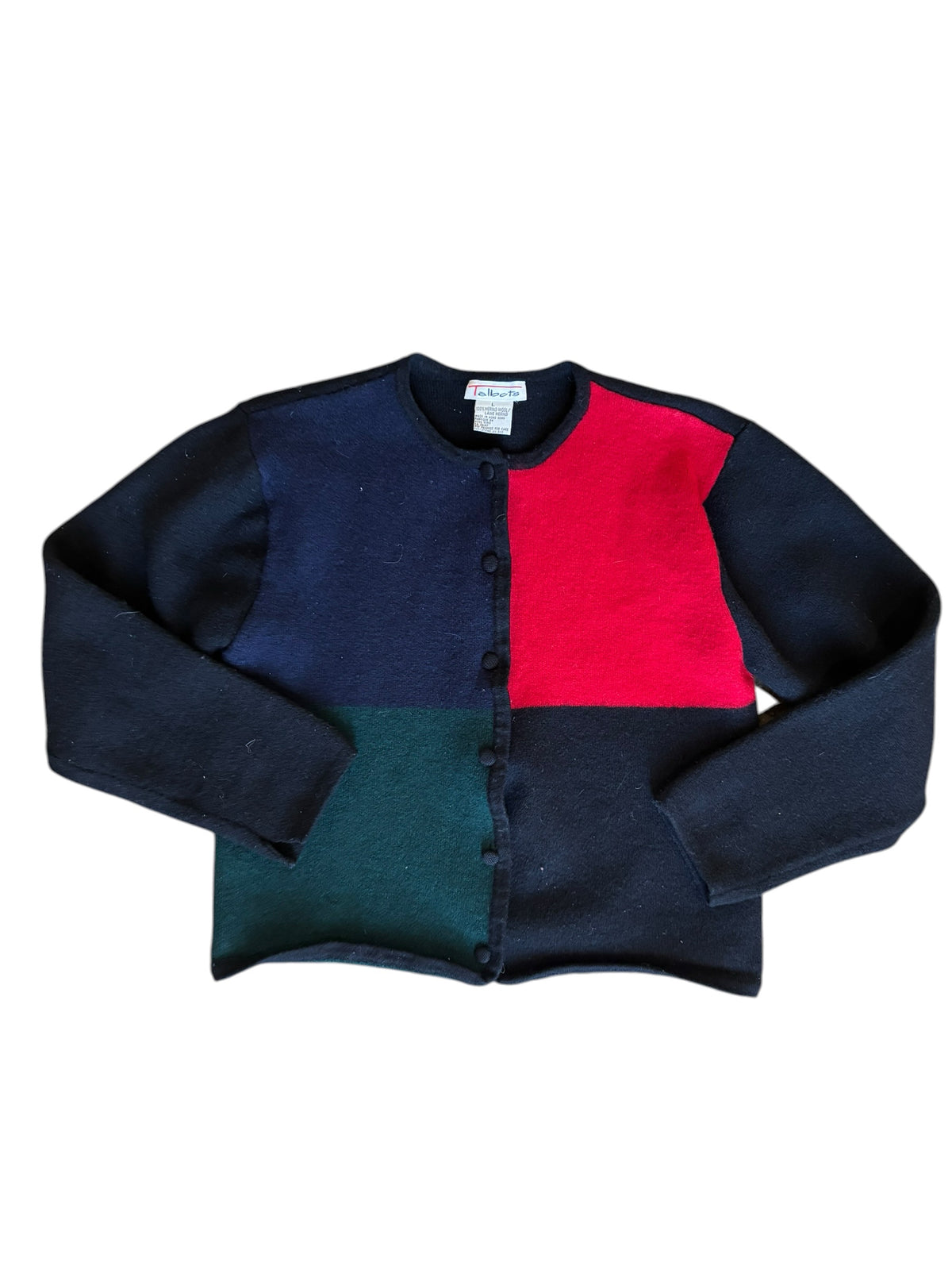 red green black talbots colorblock wool cardigan, L (shrunk fits like s)