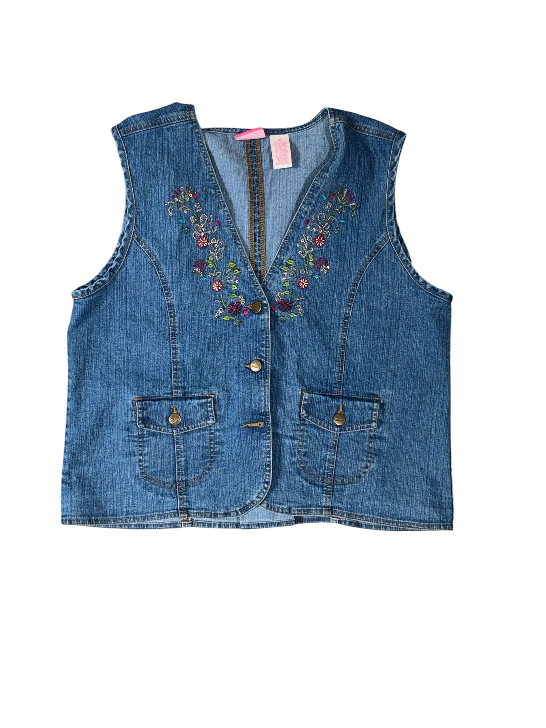 blue cappagallo denim floral embroidered beaded vest, 12