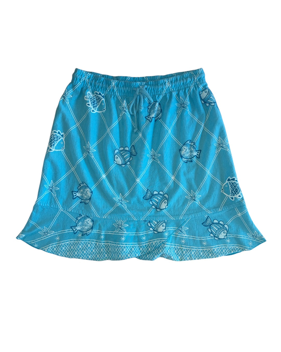 blue on white vtg elastic waist fish skirt, M