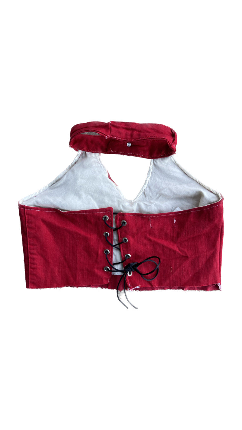 red  handmade upcycled denim cropped halter top, M