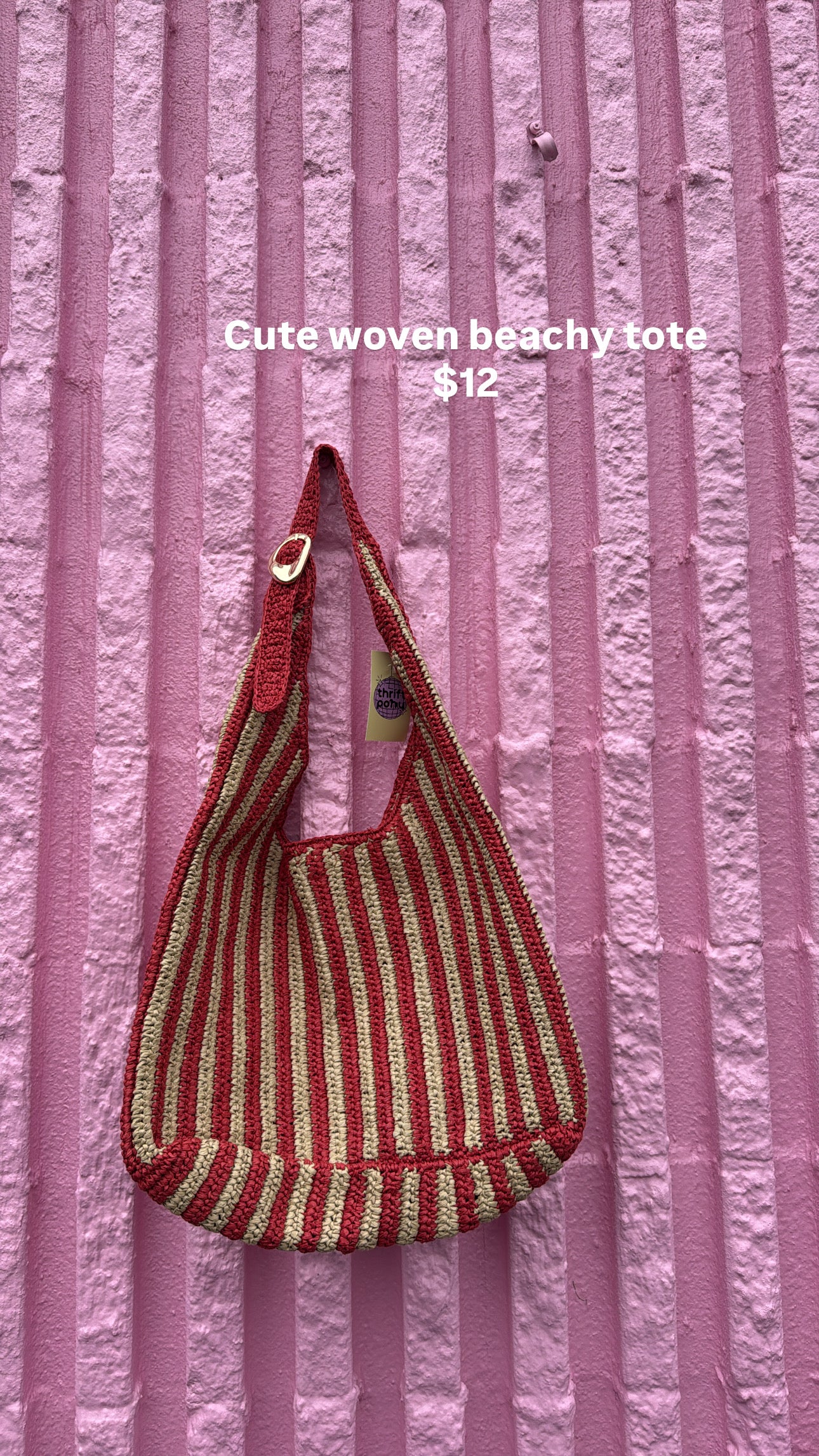 red beige  striped woven tote