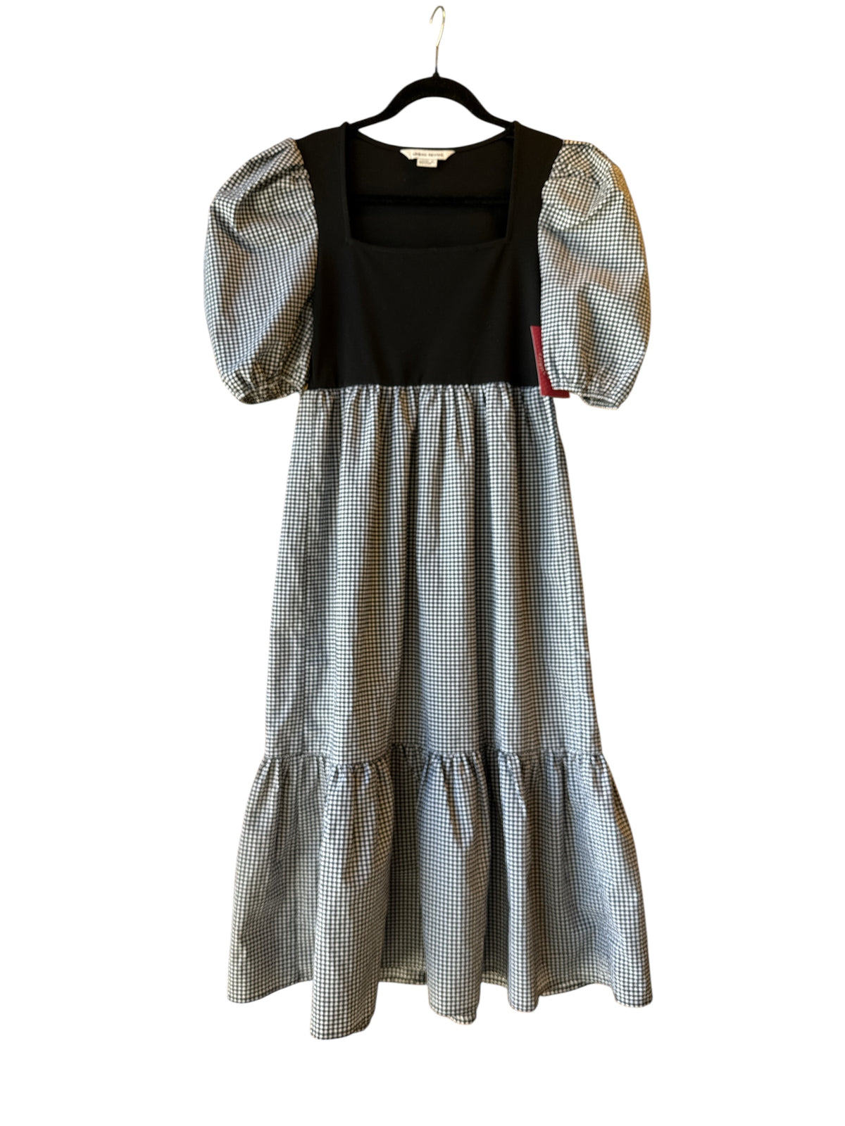 black white urban revivo gingham blocked poofy sleeve maxi dress, 4