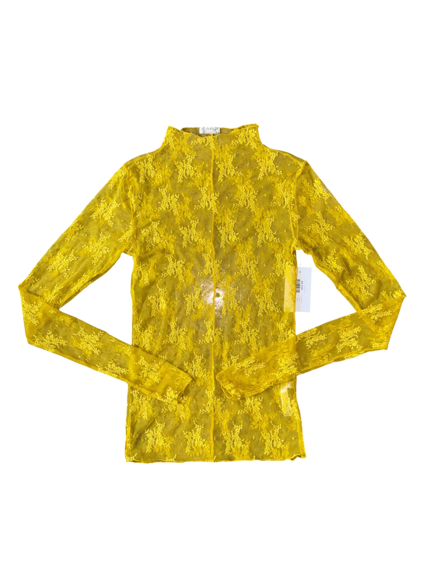 yellow free people lace mockneck ls, m