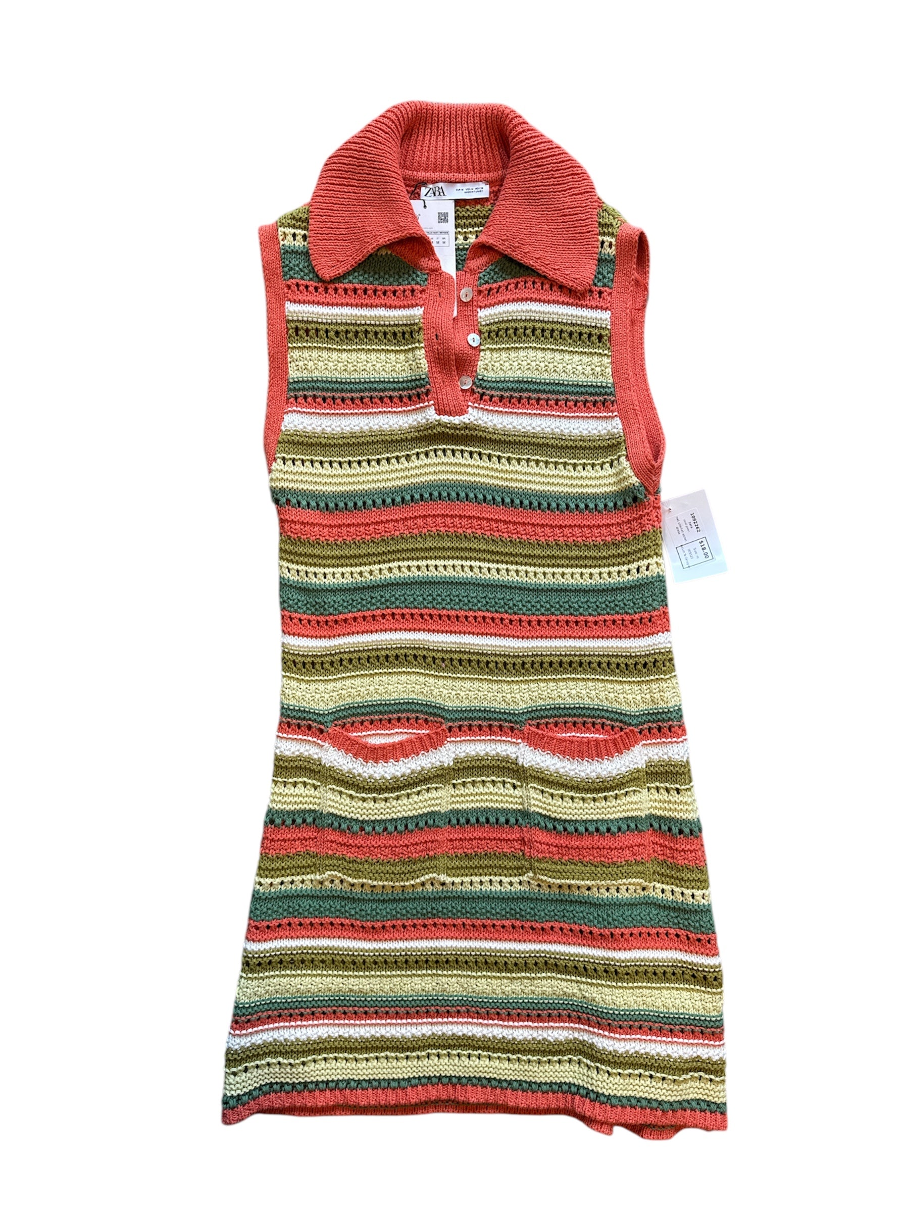 coral green zara nwt crochet apron dress, m