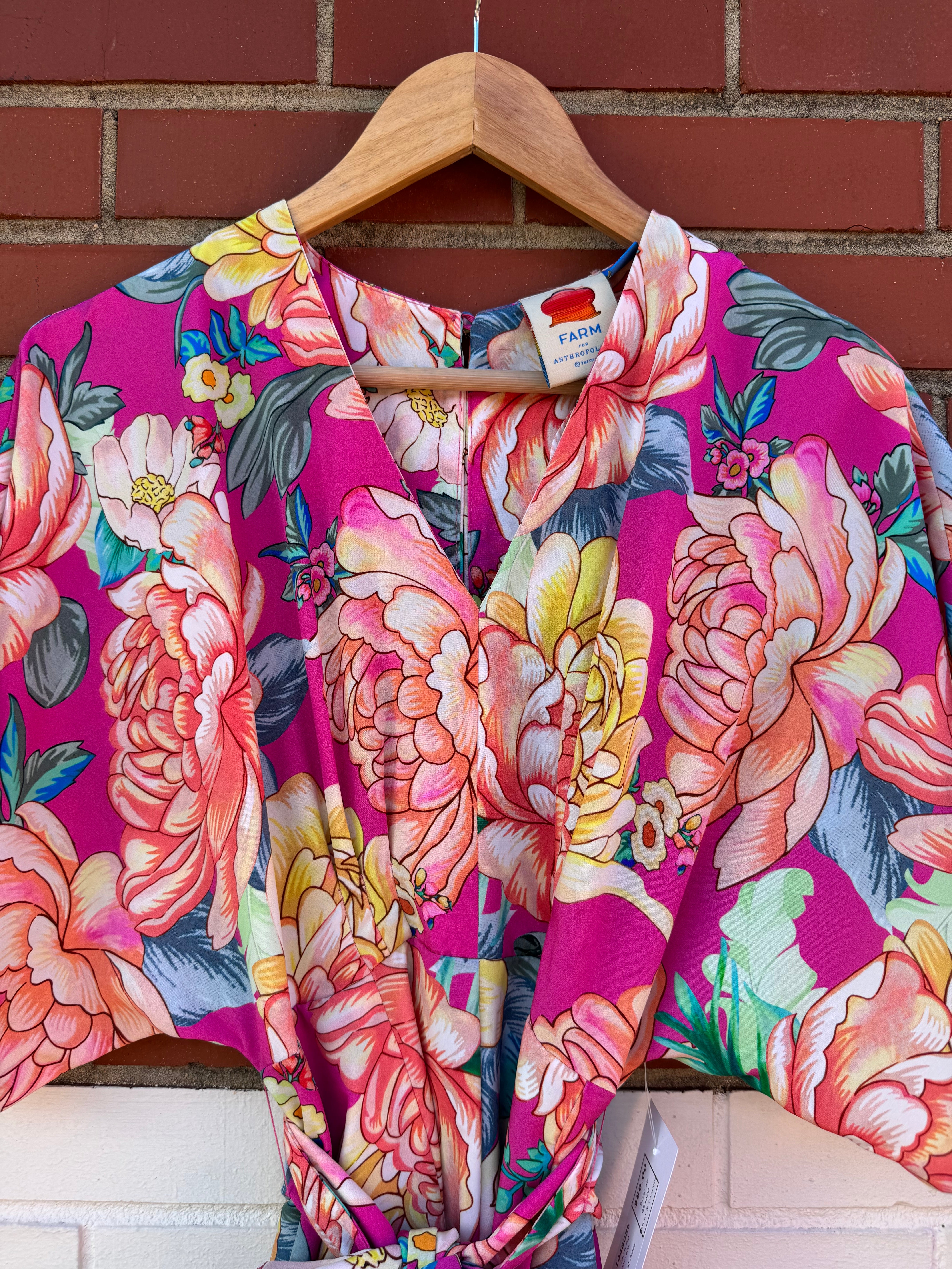pink yellow farm rio floral jumpsuit w tie, xs