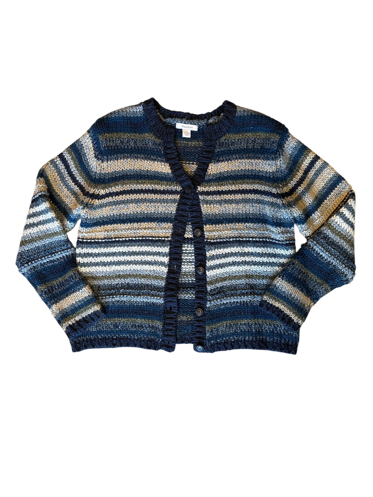 blue green dressbarn stripe cardigan, L