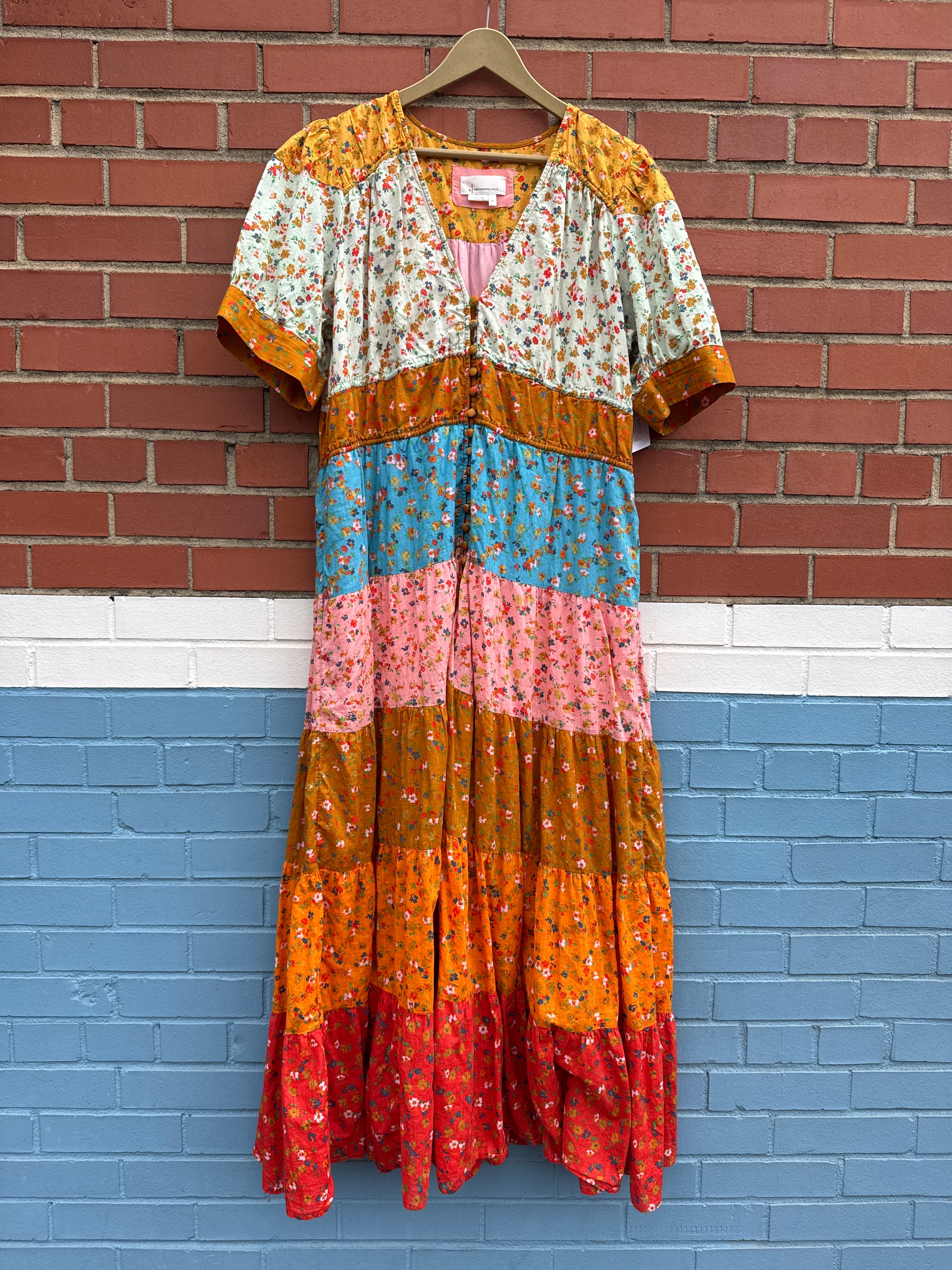 yellow blue green anthropologie multi pattern smocked dress, xl