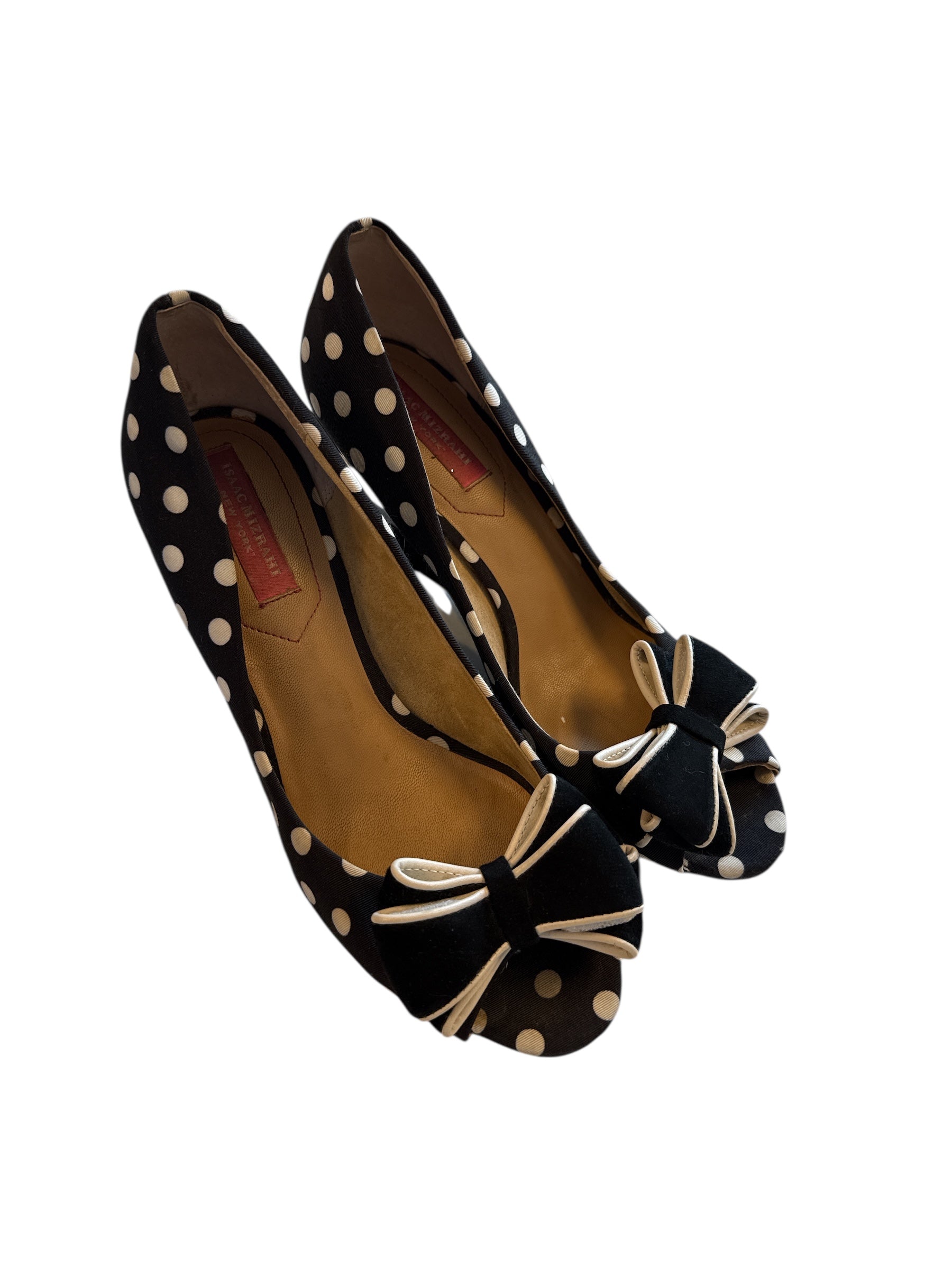 Black white Isaac mizrahi Polka dot bow wedges, 7.5