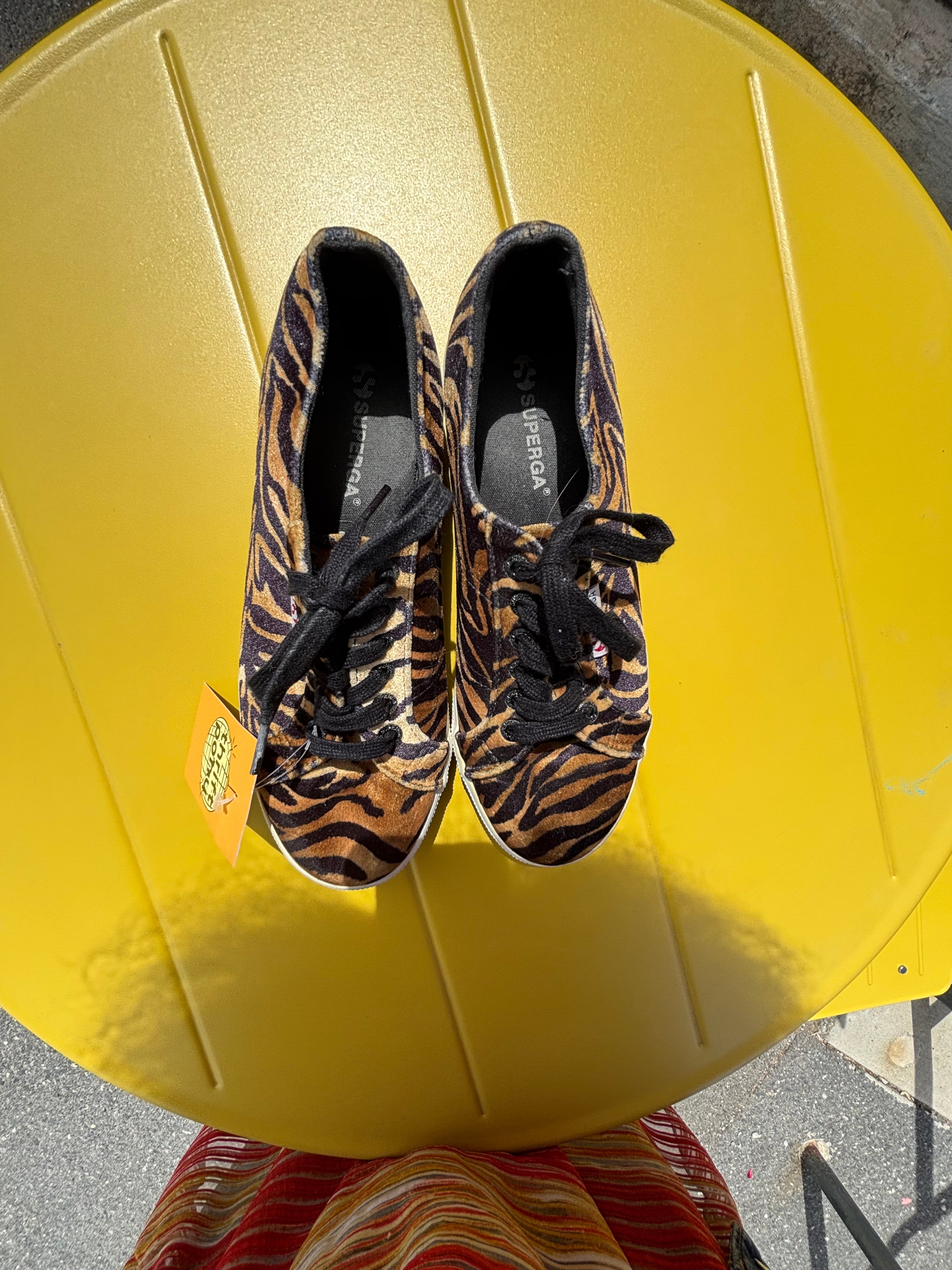Brown black Superga Platform velour tiger print heels, 6.5