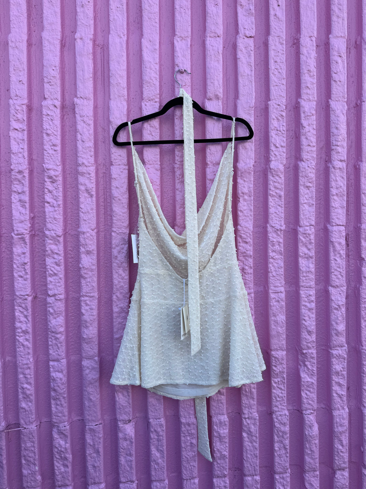 white cream peppermayo nwt textured cowl neck open back mini dress w sash, 8