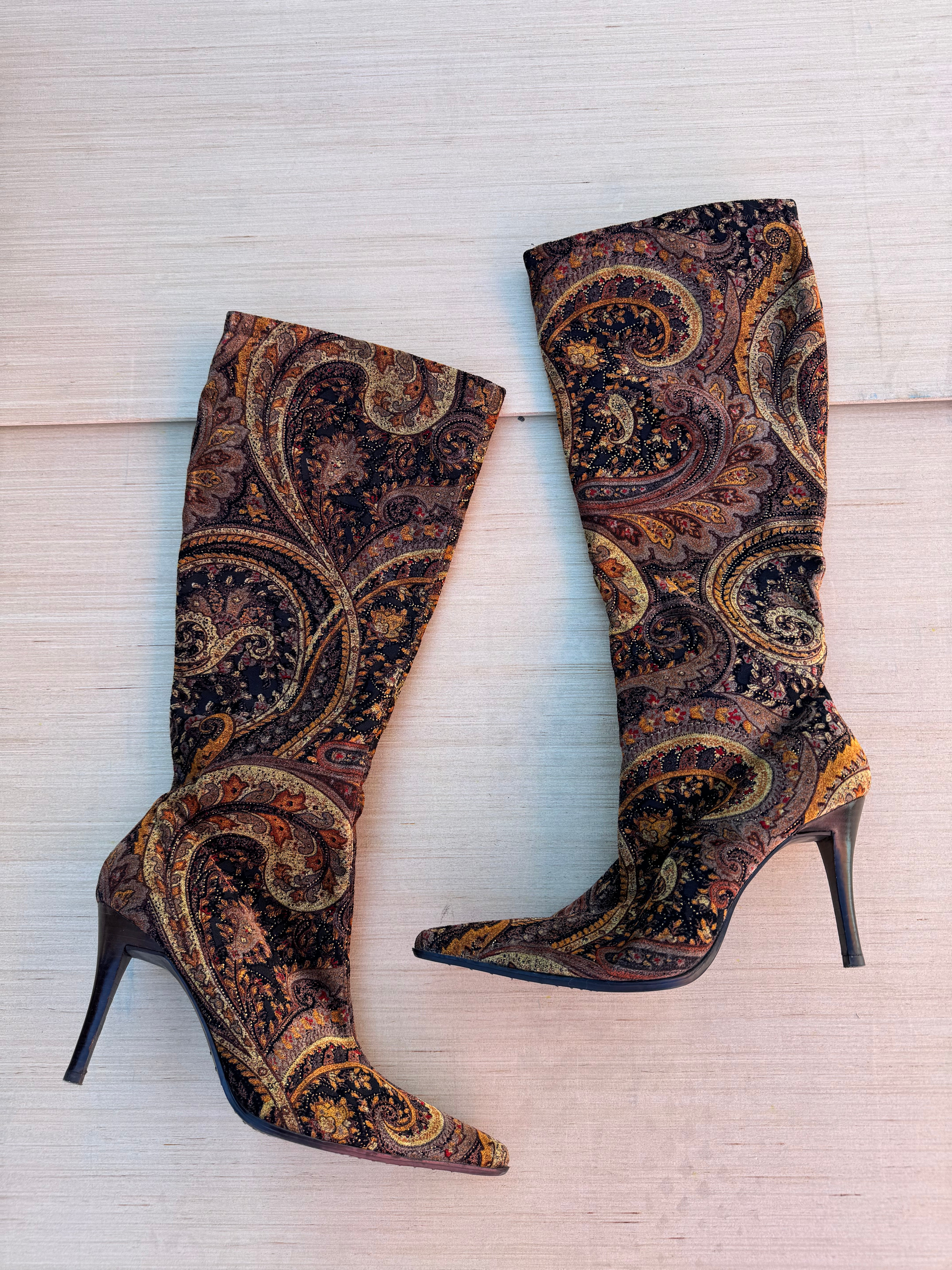brown michael sexy y2k paisley heeled boots, 9.5