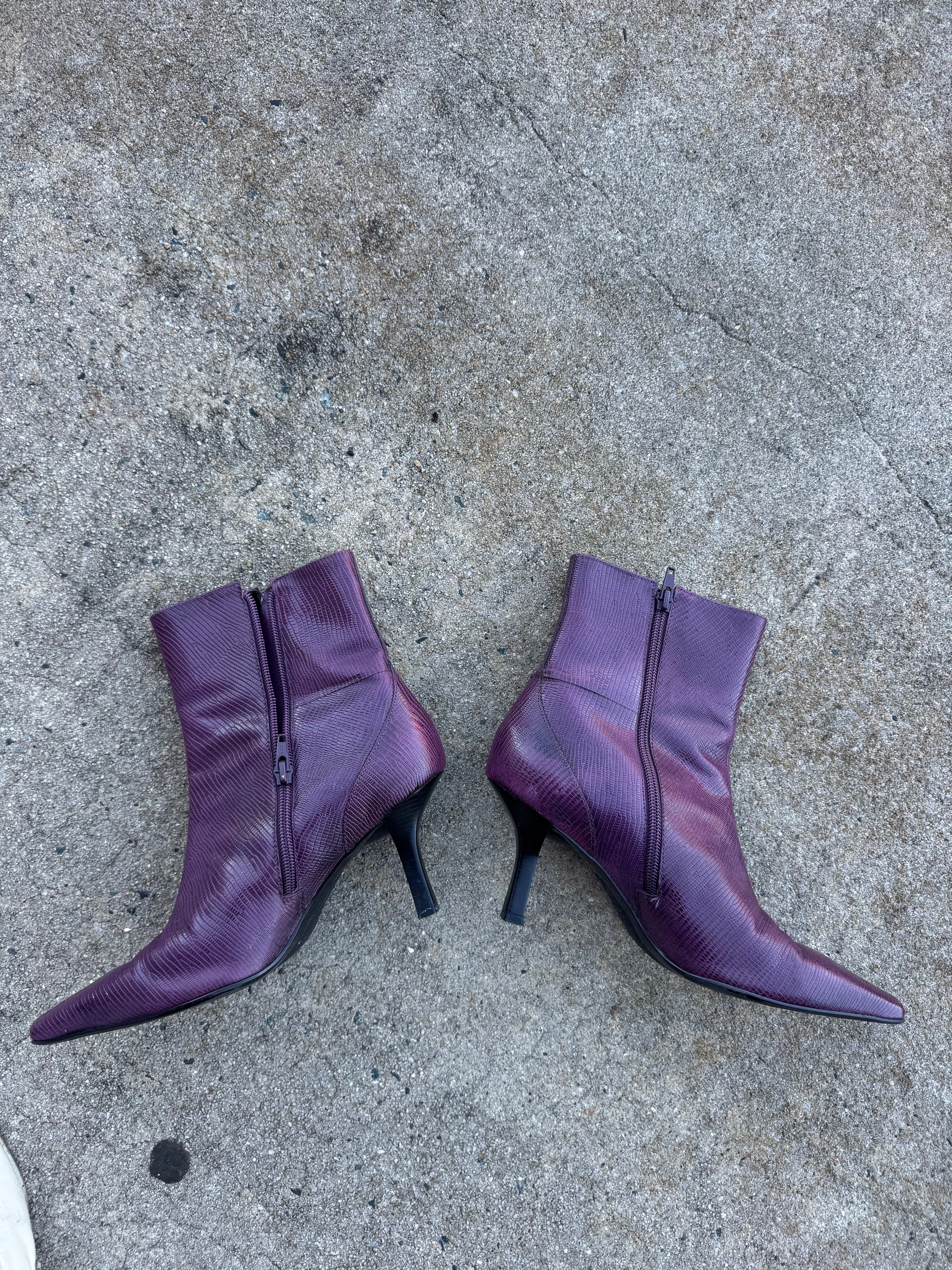 purple gianni bini pointed square toed heels croc, 8
