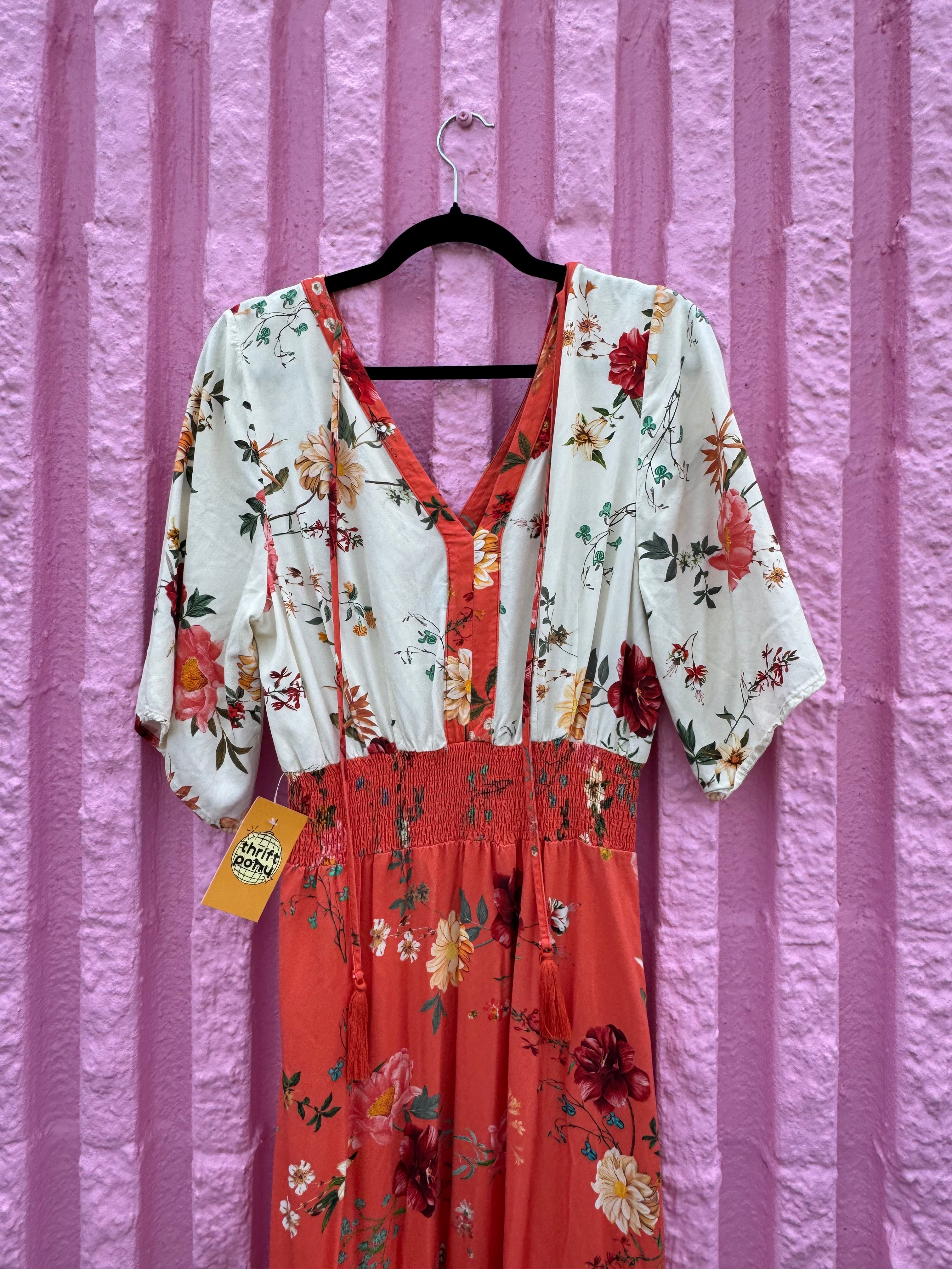 orange cream farm rio flora ss vneck maxi dress, s
