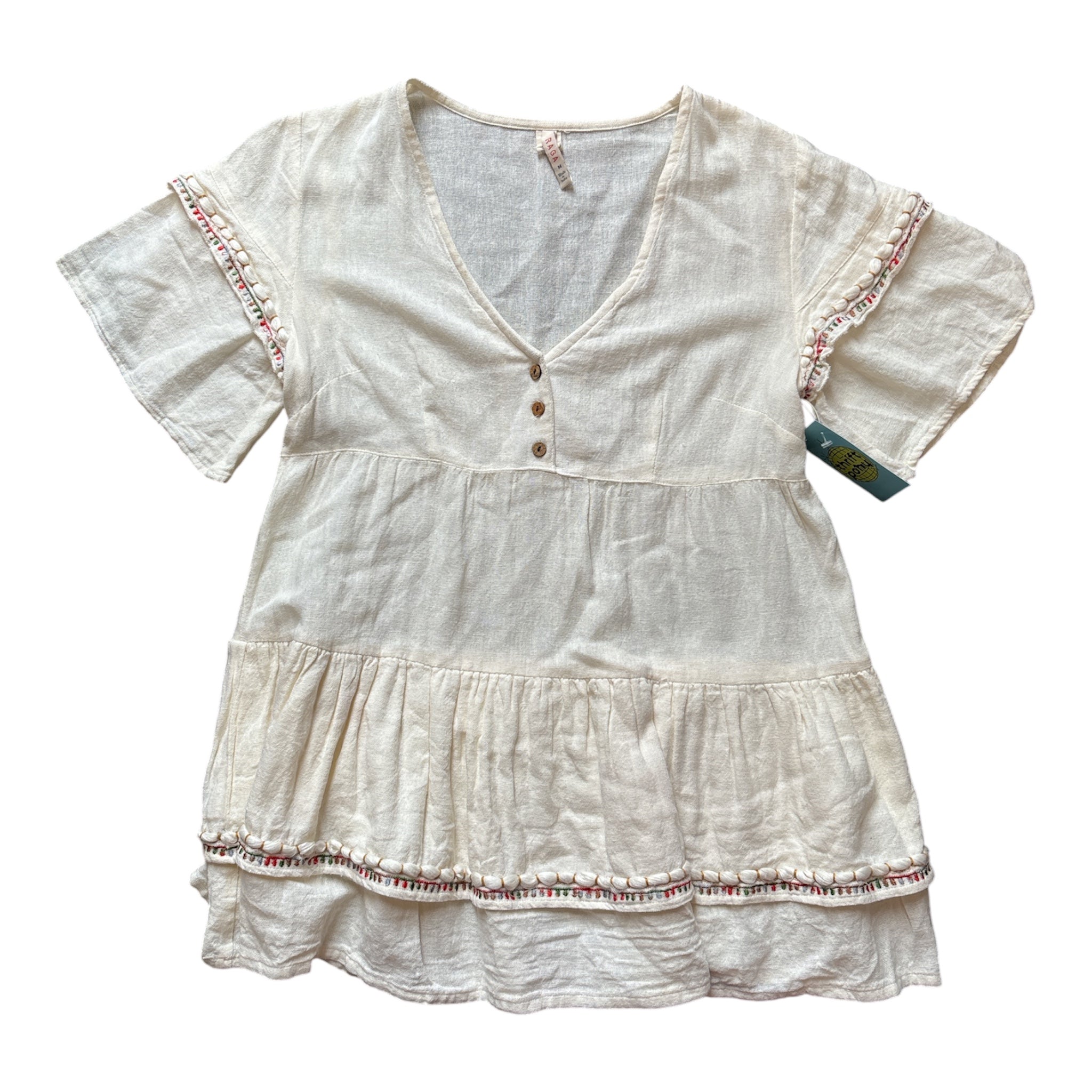 cream raga v neck cotton dress w embroidery, m