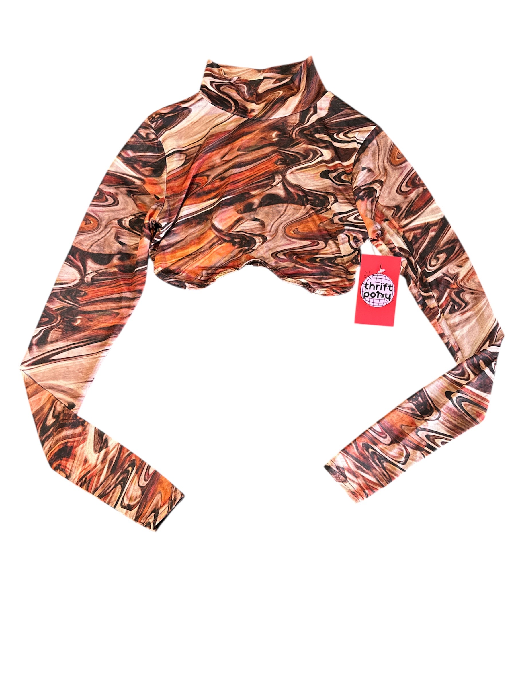 brown prettylittlething slinky watercolor crop turtleneck, 0