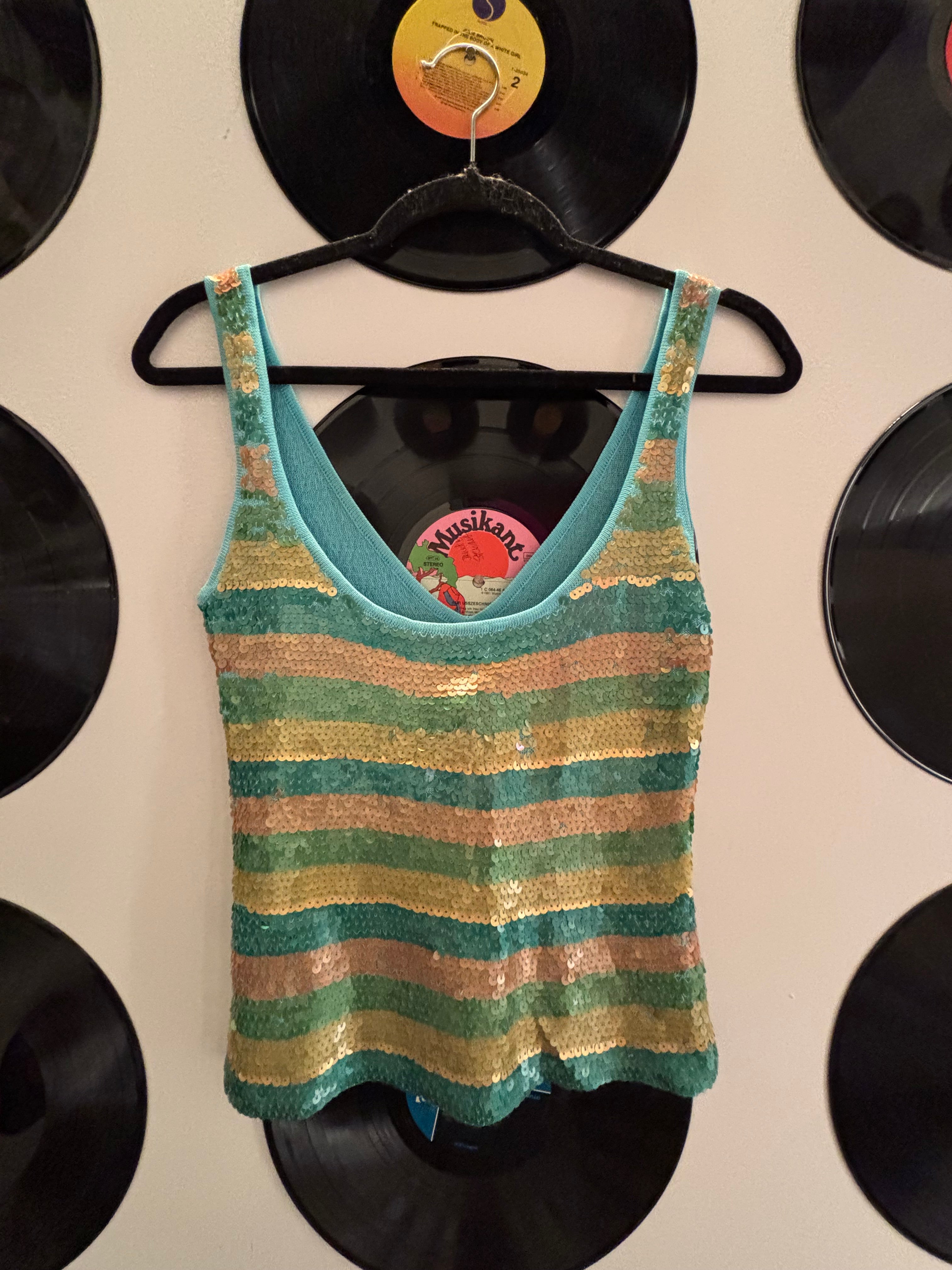 blue green gold Alberto makali striped sequin tank, s