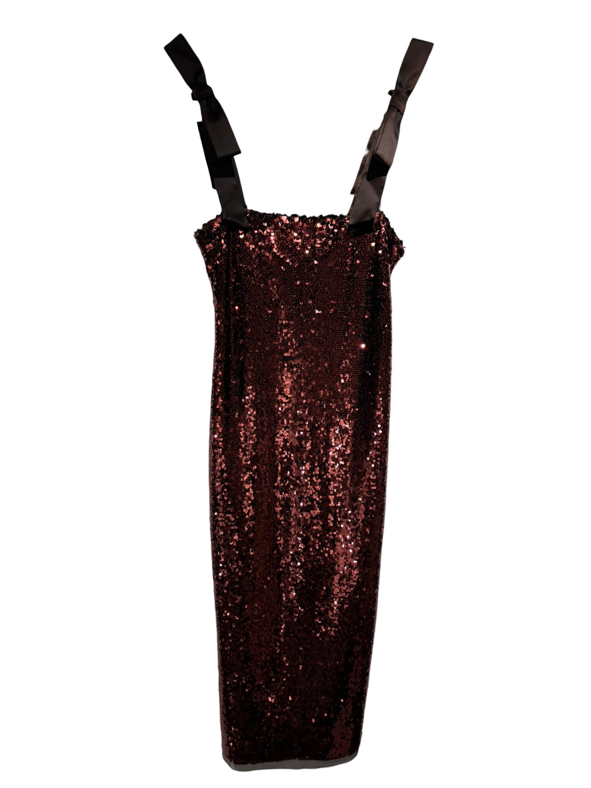 brown copper tuckernuck NWT sequin tie strap midi dress, m