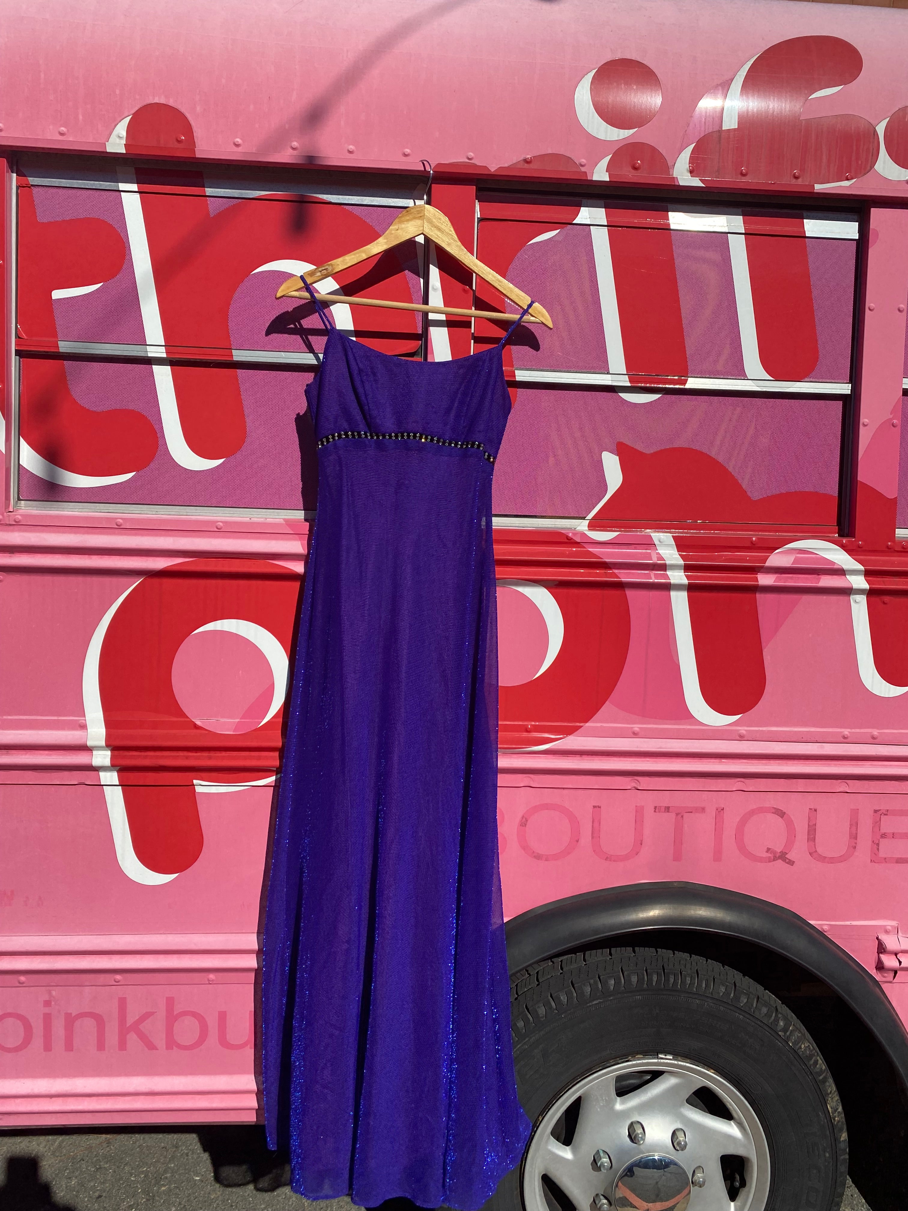 Purple Jump Vtg sparkly maxi gemstone dress, 3/4